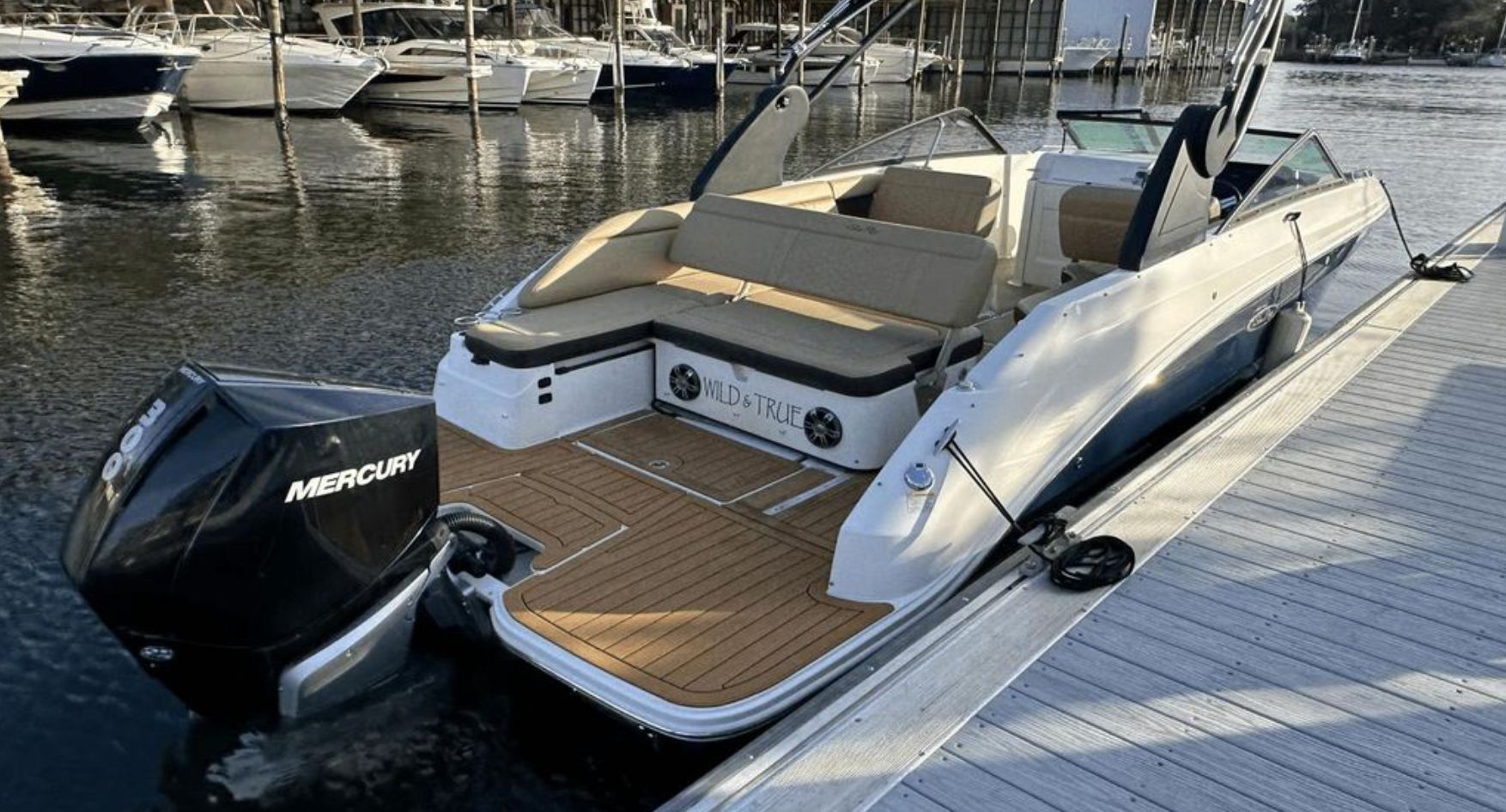 2020 Sea Ray SDX 250 Outboard at dock, Mercury engine.
