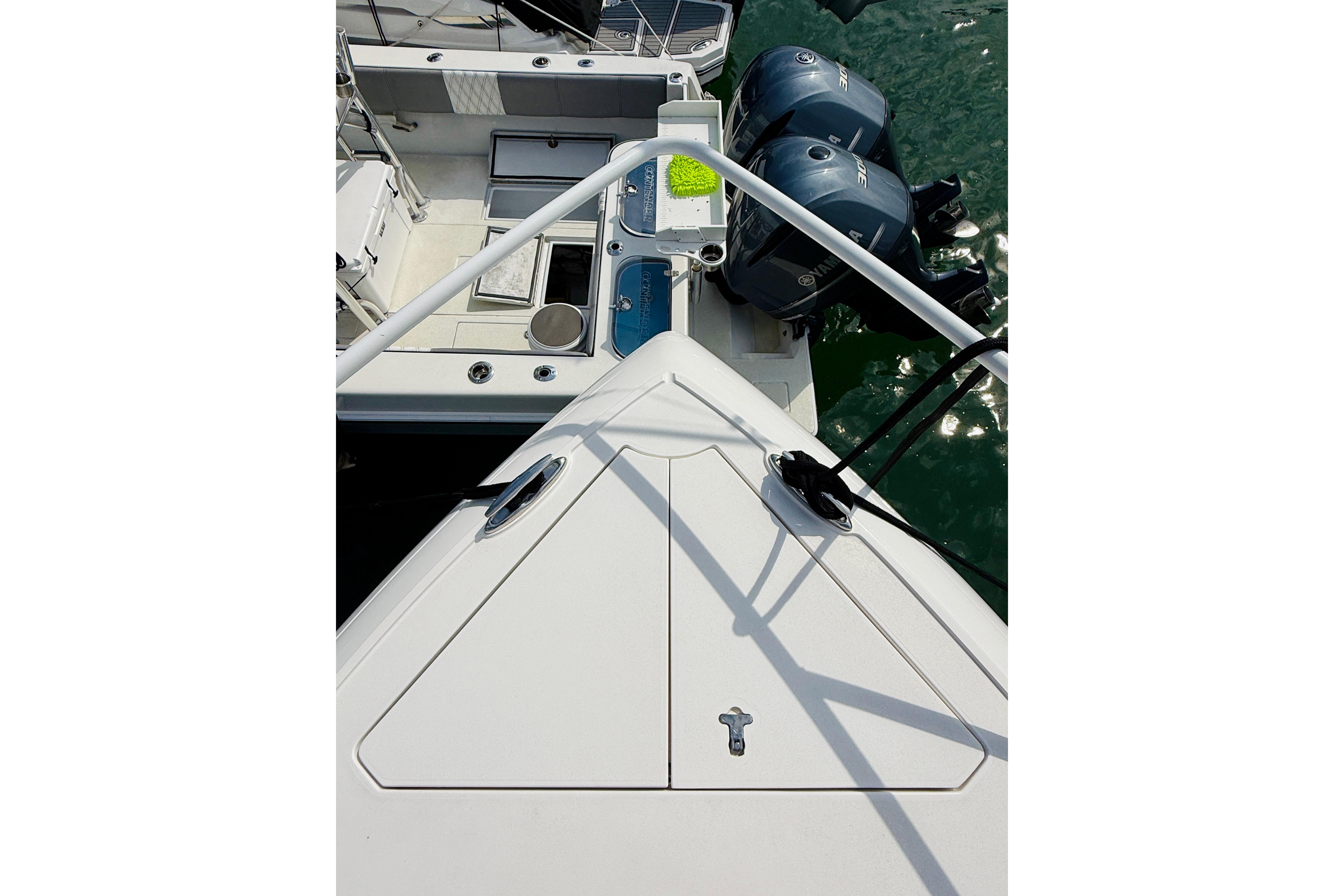2021 Intrepid 410 Evolution boat deck with dual Yamaha outboard engines.