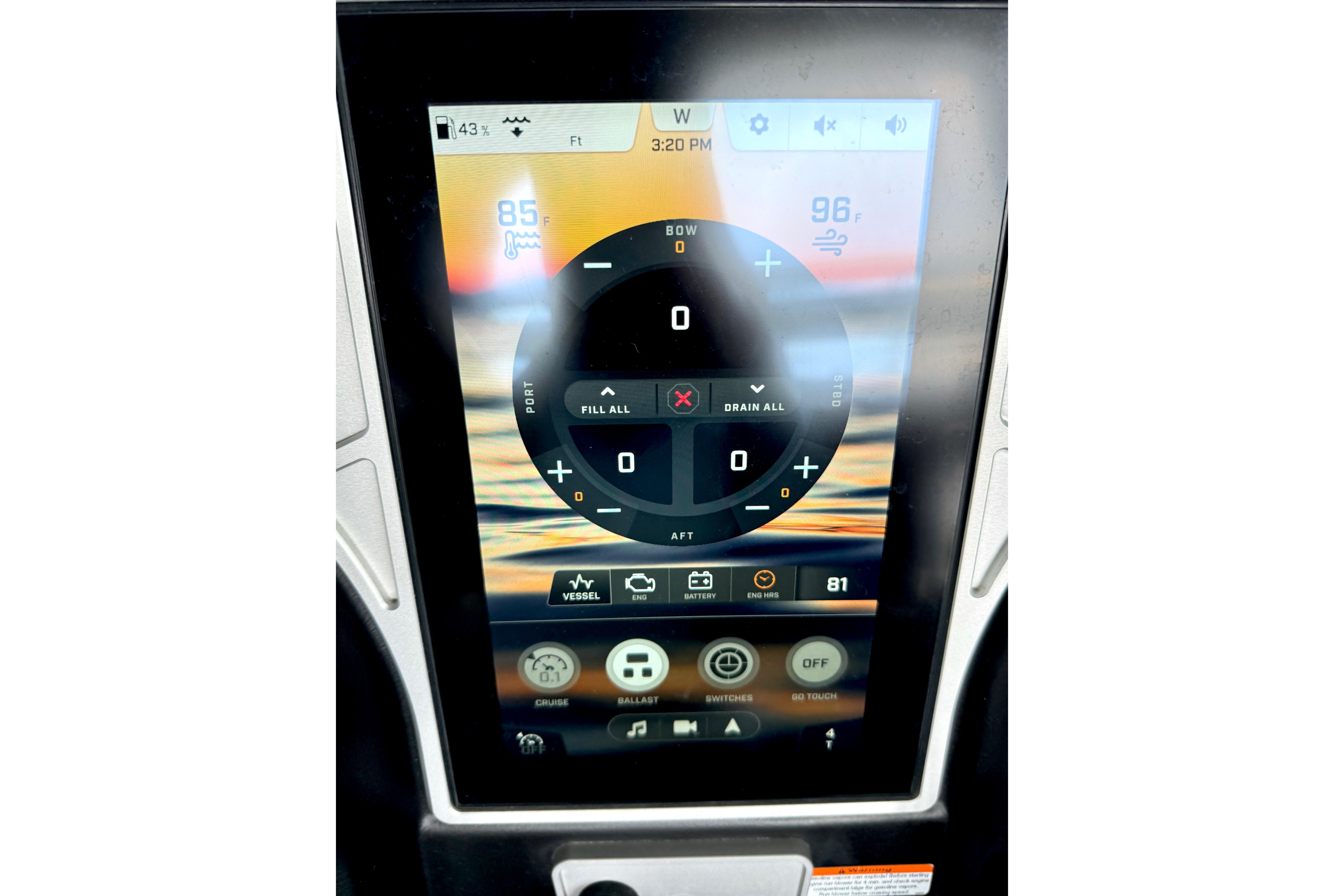 2021 Tige Z3 boat touchscreen display showing control settings and temperature.