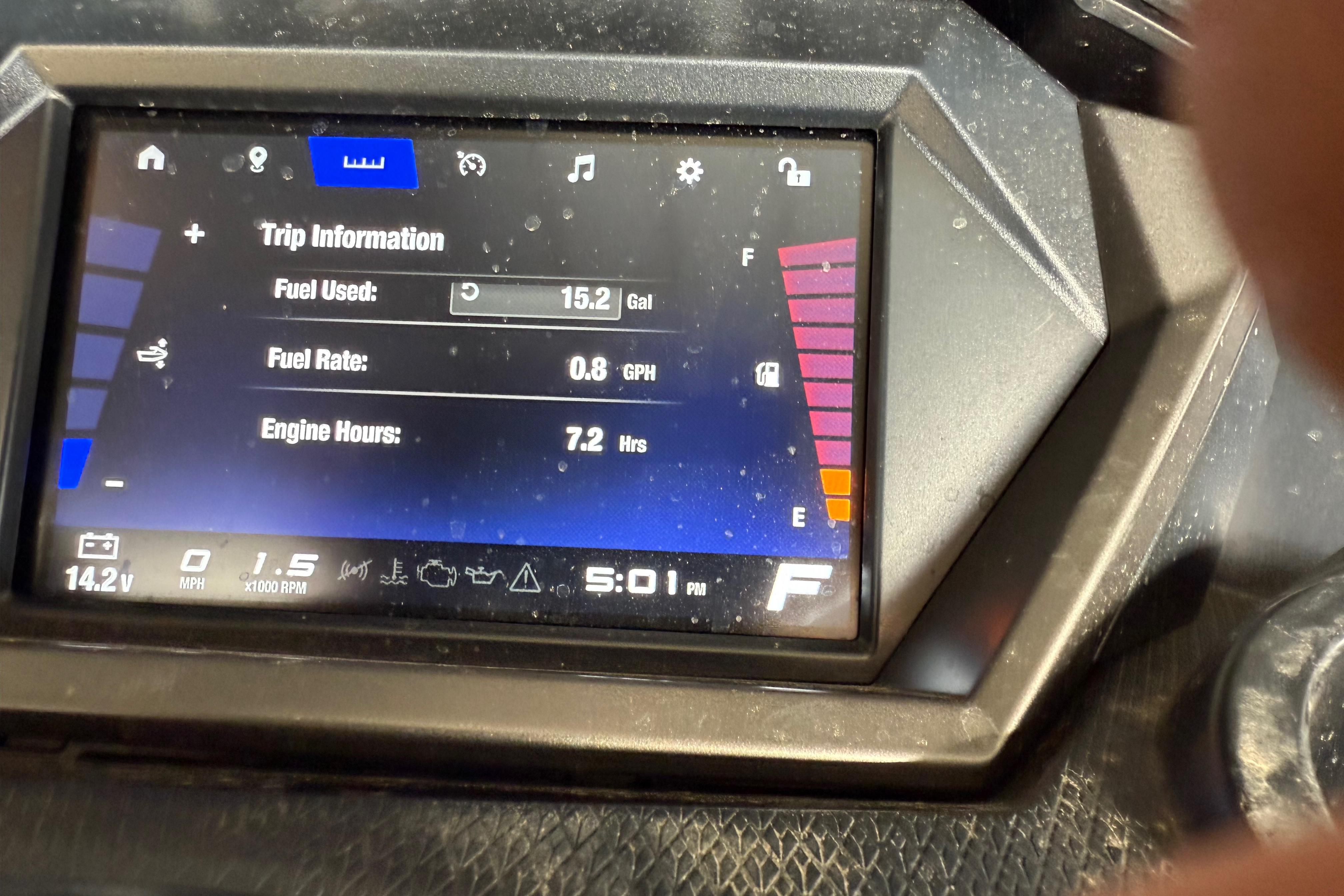 Yamaha WaveRunner FX HO 2025 dashboard displaying trip information and fuel usage.