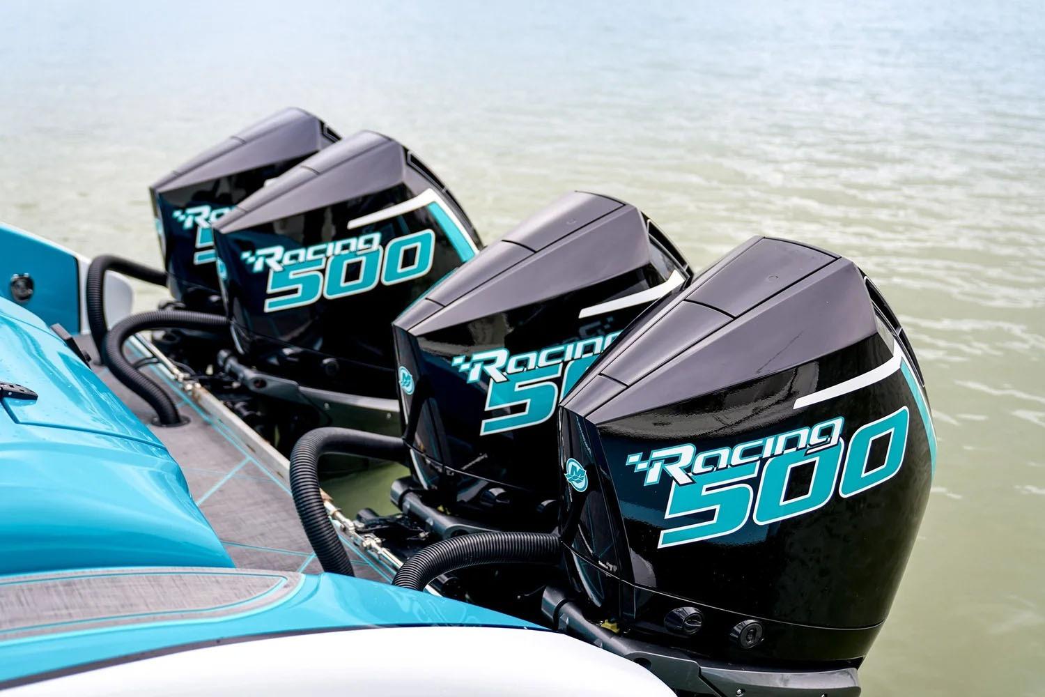 Manufacturer Provided Image: Four powerful Racing 500 outboard engines on a 2025 Statement 430 Tigress boat.