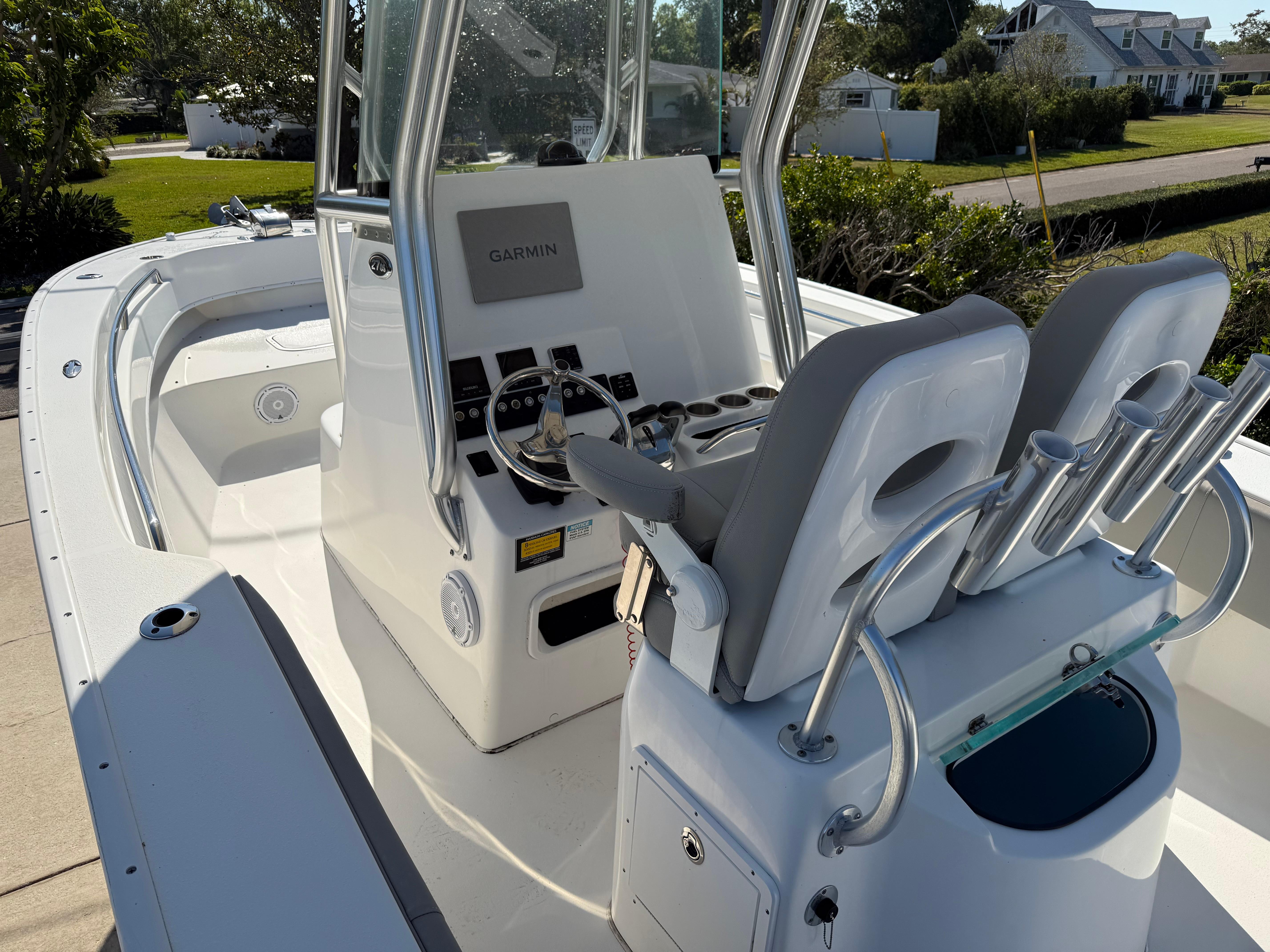 2020 Cape Horn 27 XS boat interior with dual seats and navigation console.