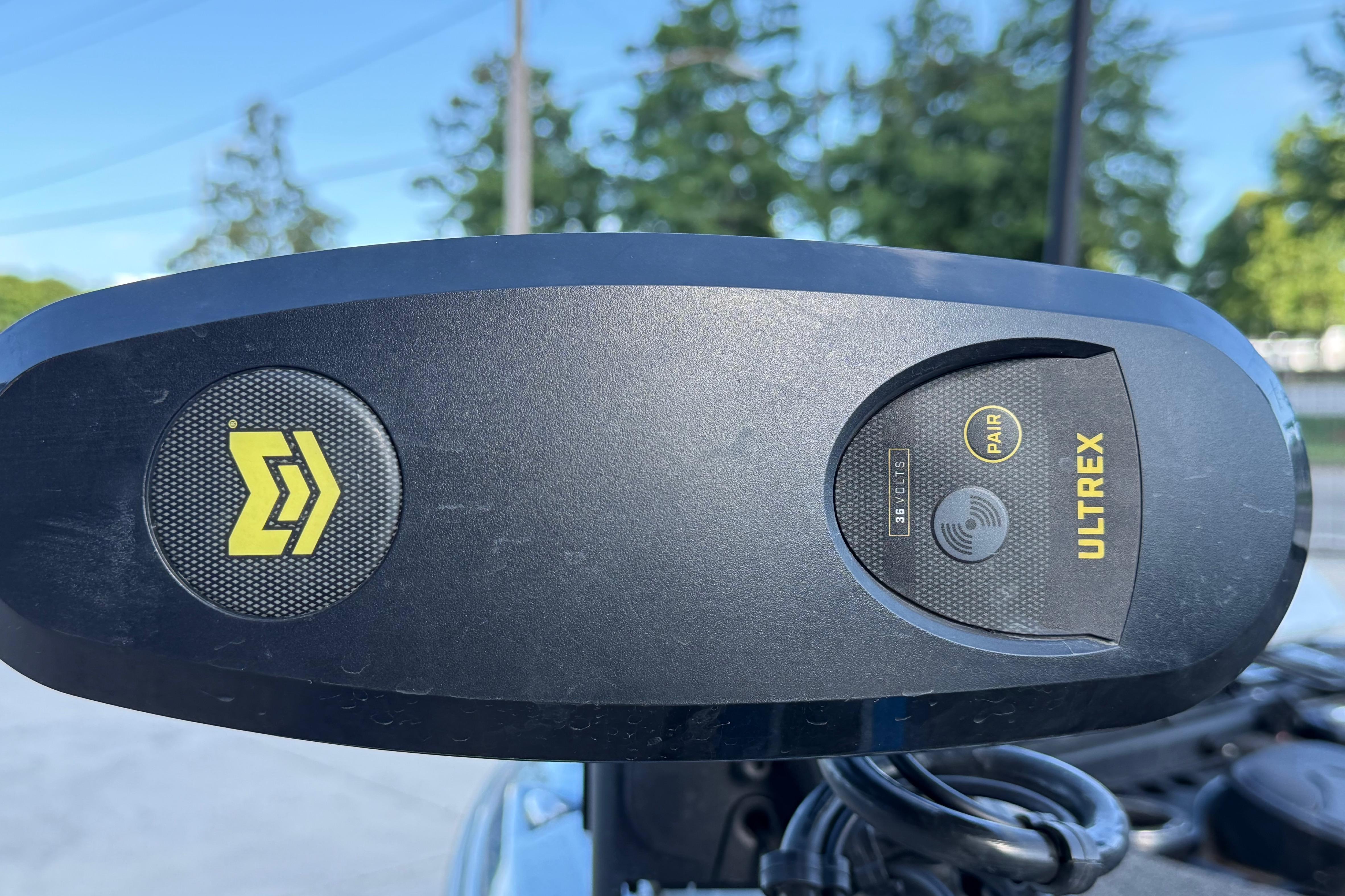 Close-up of Ultrex trolling motor on a 2018 Nitro Z21 boat, featuring pairing controls.