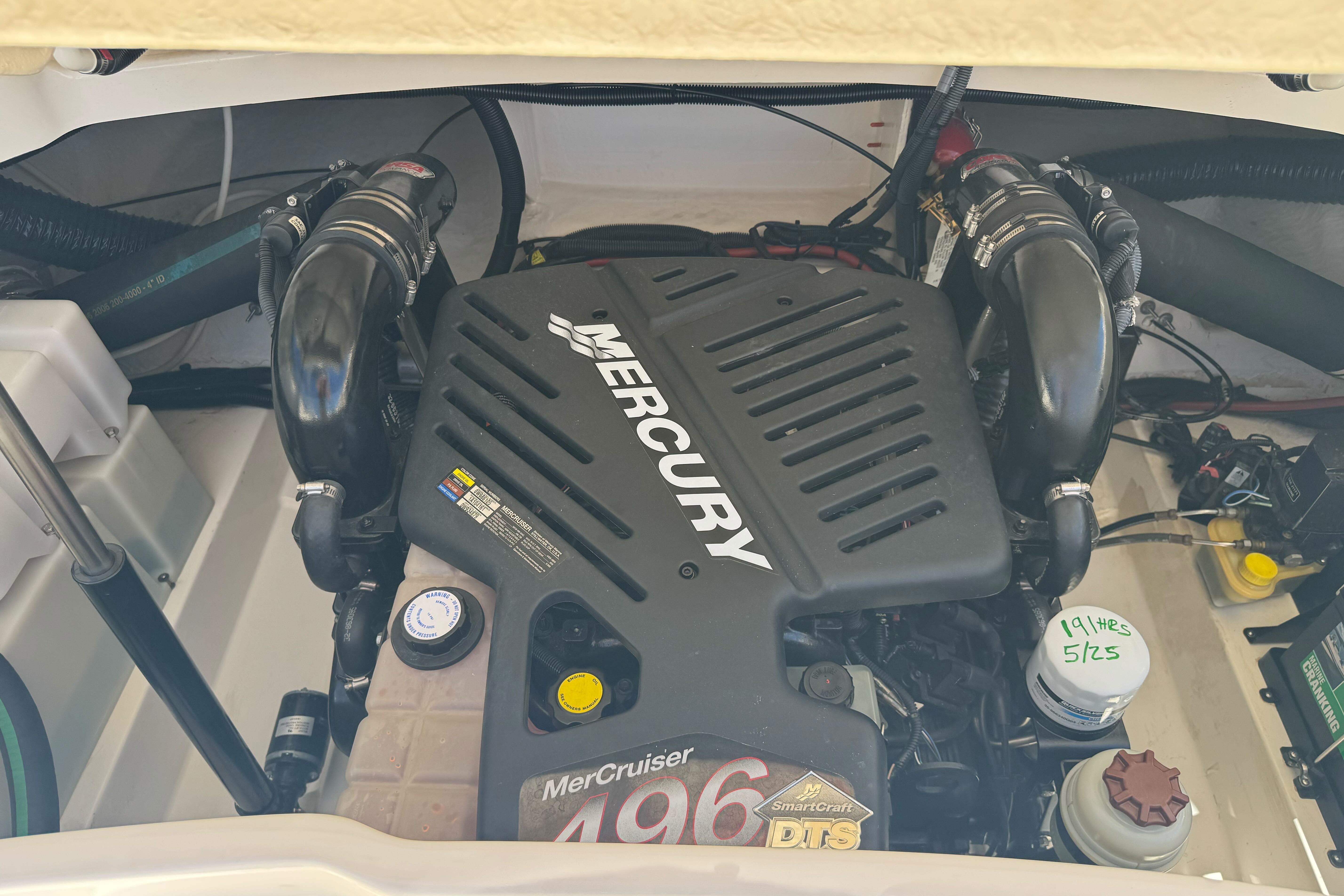 Engine compartment of a 2007 Sea Ray SLX 250 with a Mercury MerCruiser 496 engine.