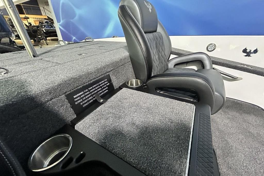 Interior of 2026 Phoenix 818 Pro boat with cushioned seating and cup holders.