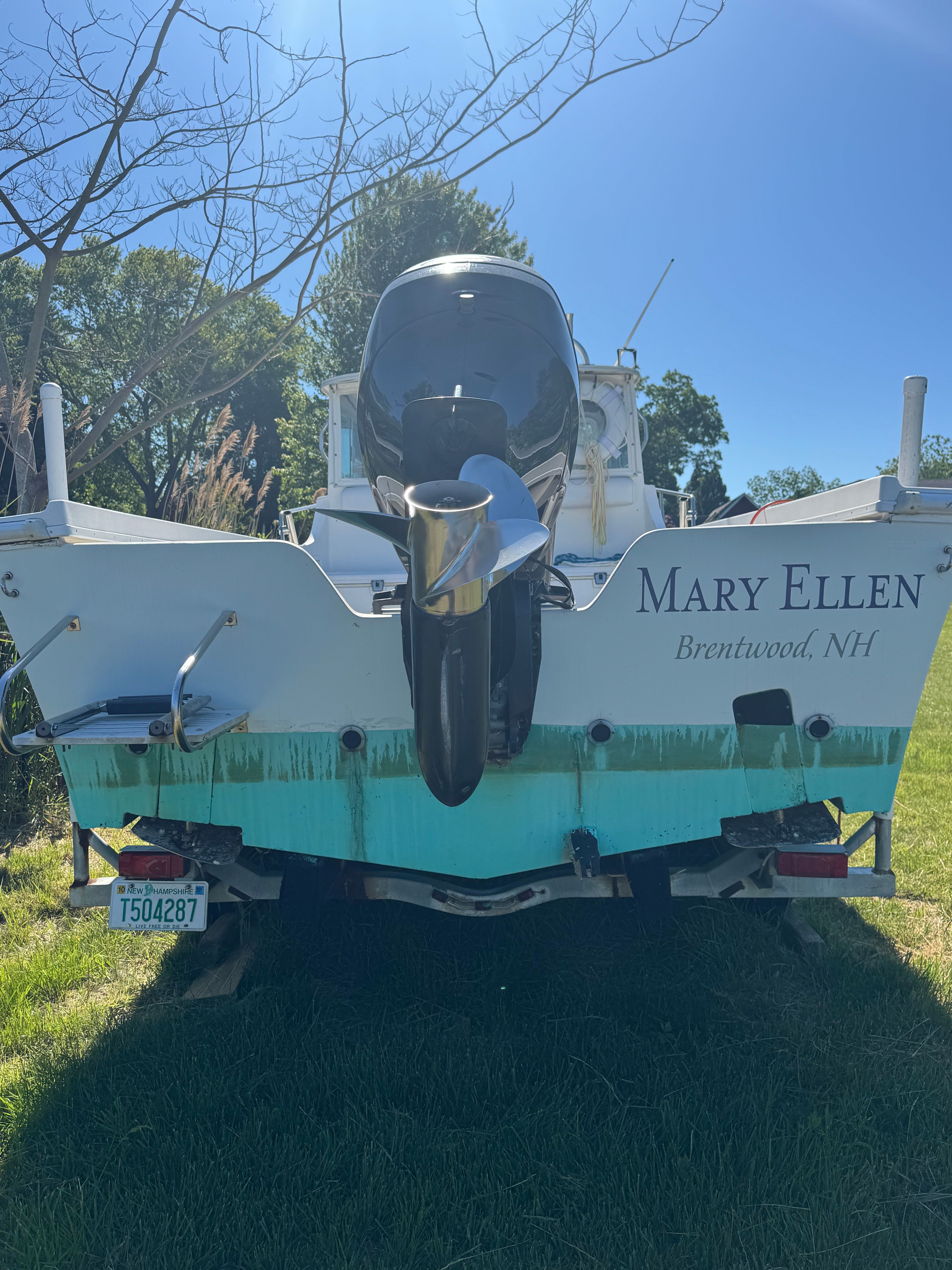 2009 Steiger Craft 25 Miami boat, rear view parked on grass.