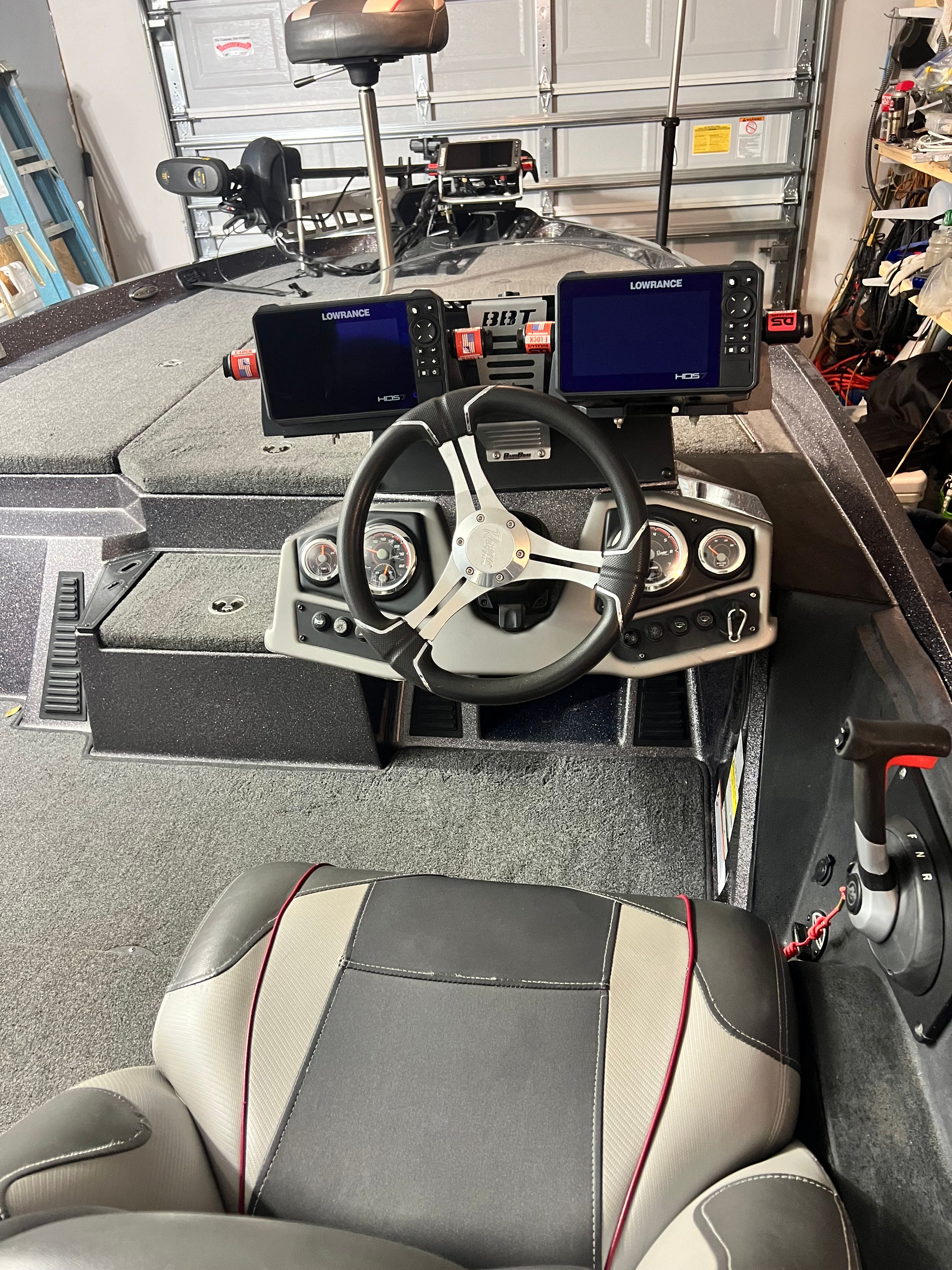 Interior of a 2022 Ranger Z185 boat with modern steering console.