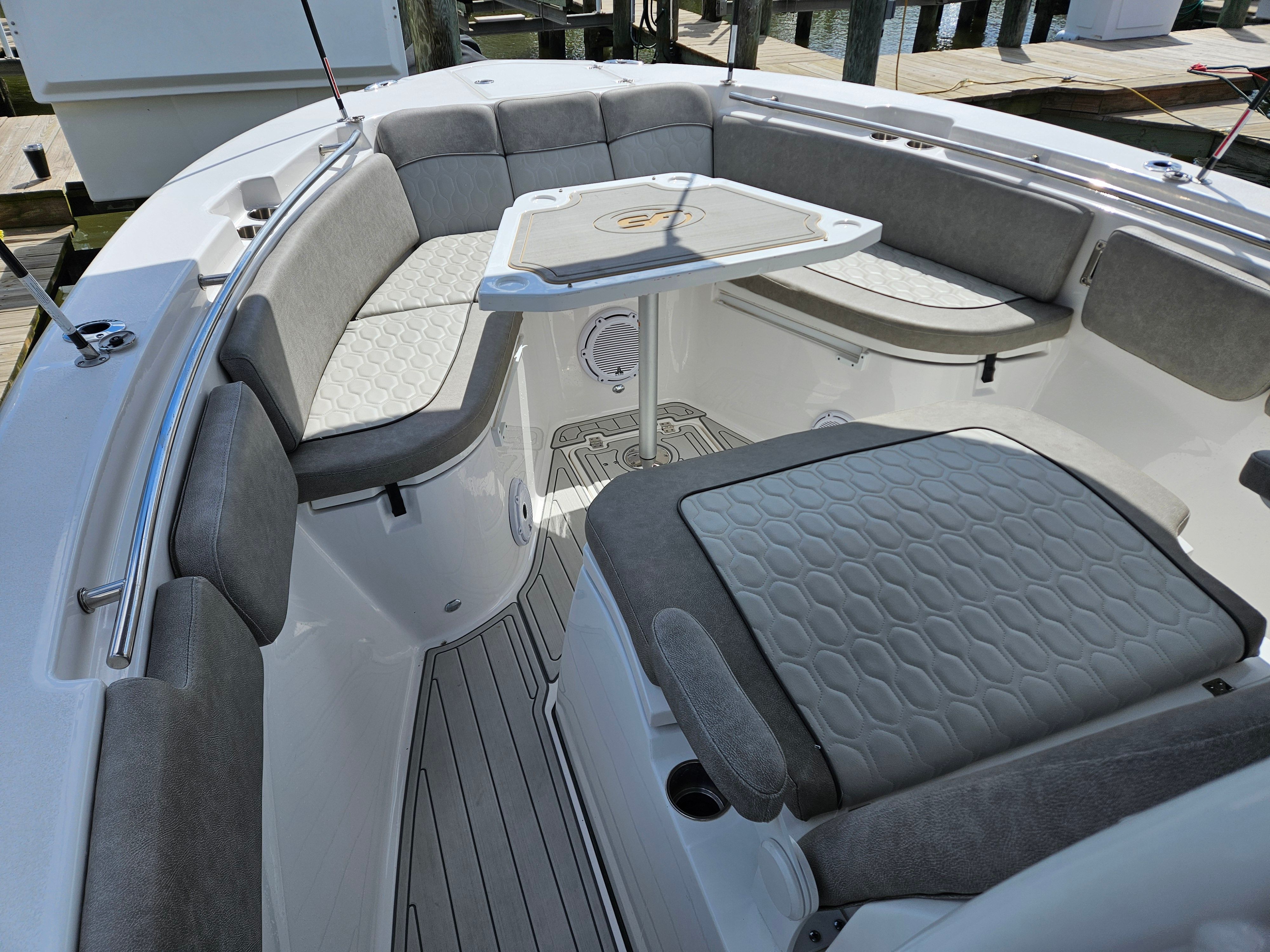 Interior view of 2021 Sea Fox 288 Commander with gray upholstery.