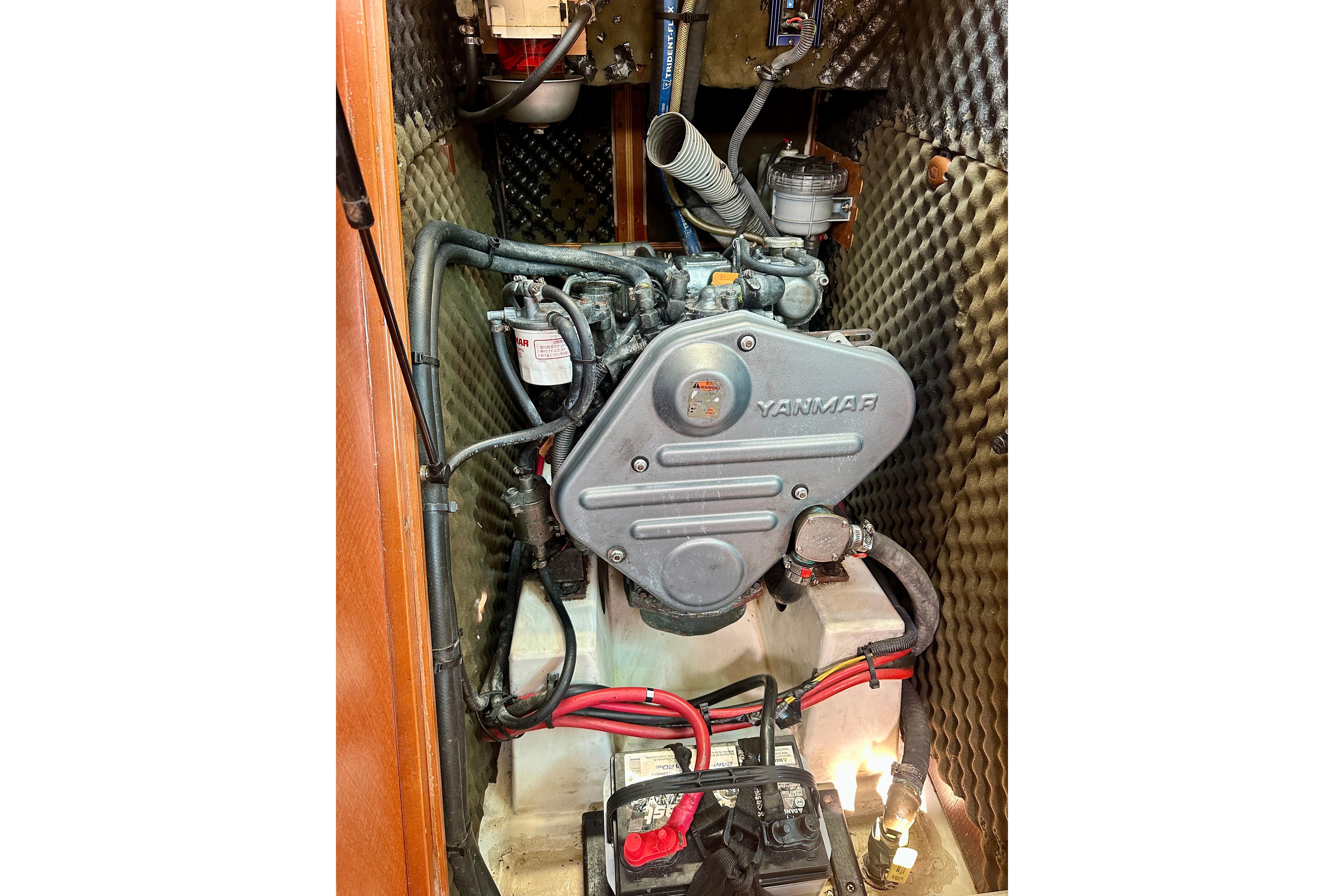 Engine compartment of a 2010 Beneteau Oceanis 40 sailboat with Yanmar engine.