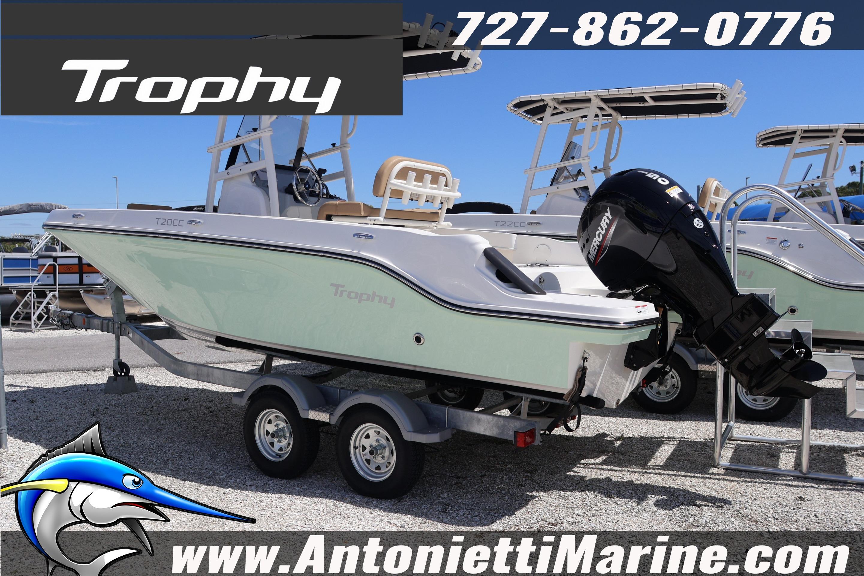 2026 Bayliner Trophy T20CC boat on trailer at Antonietti Marine dealership.