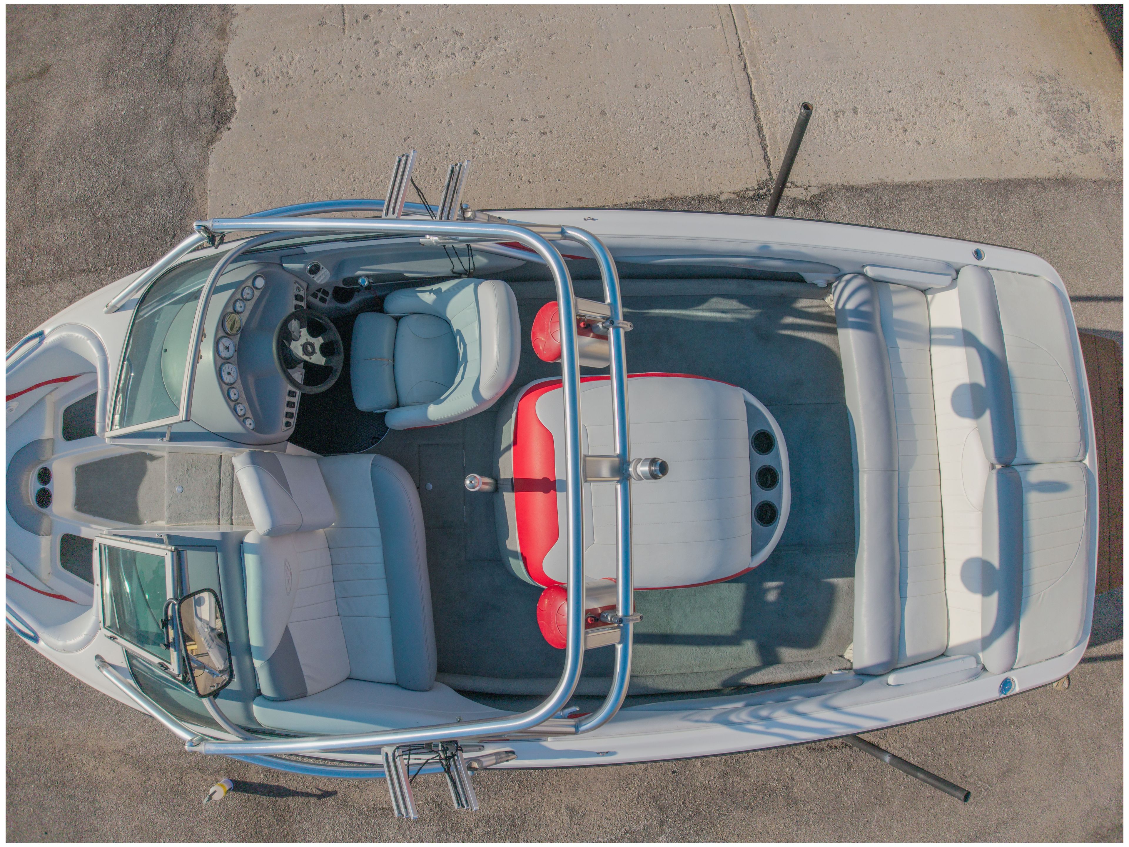 Aerial view of a 2002 MasterCraft X-7 boat with white interior.