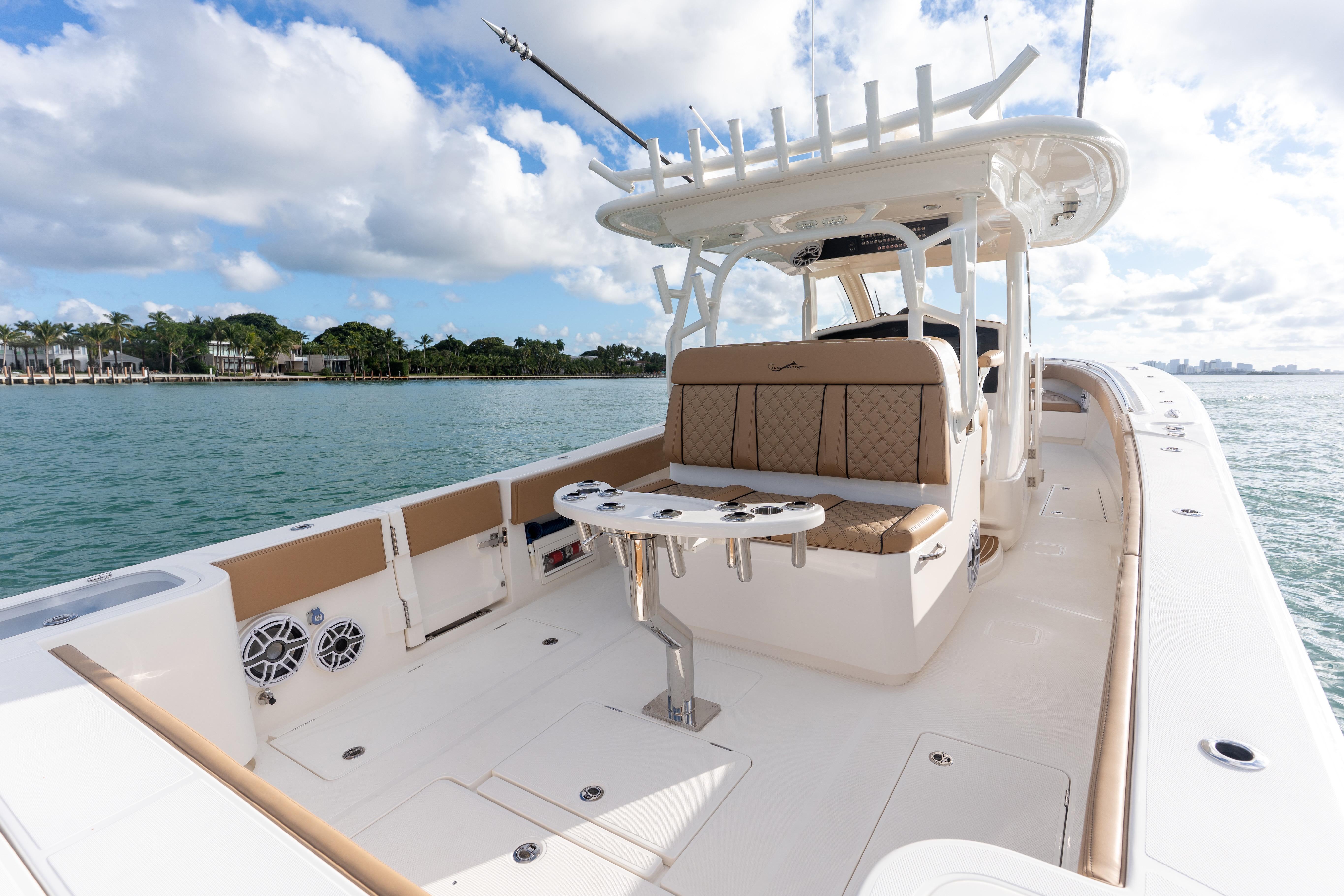 2026 Blackwater 41 Performance Fish boat interior with seating and ocean view.