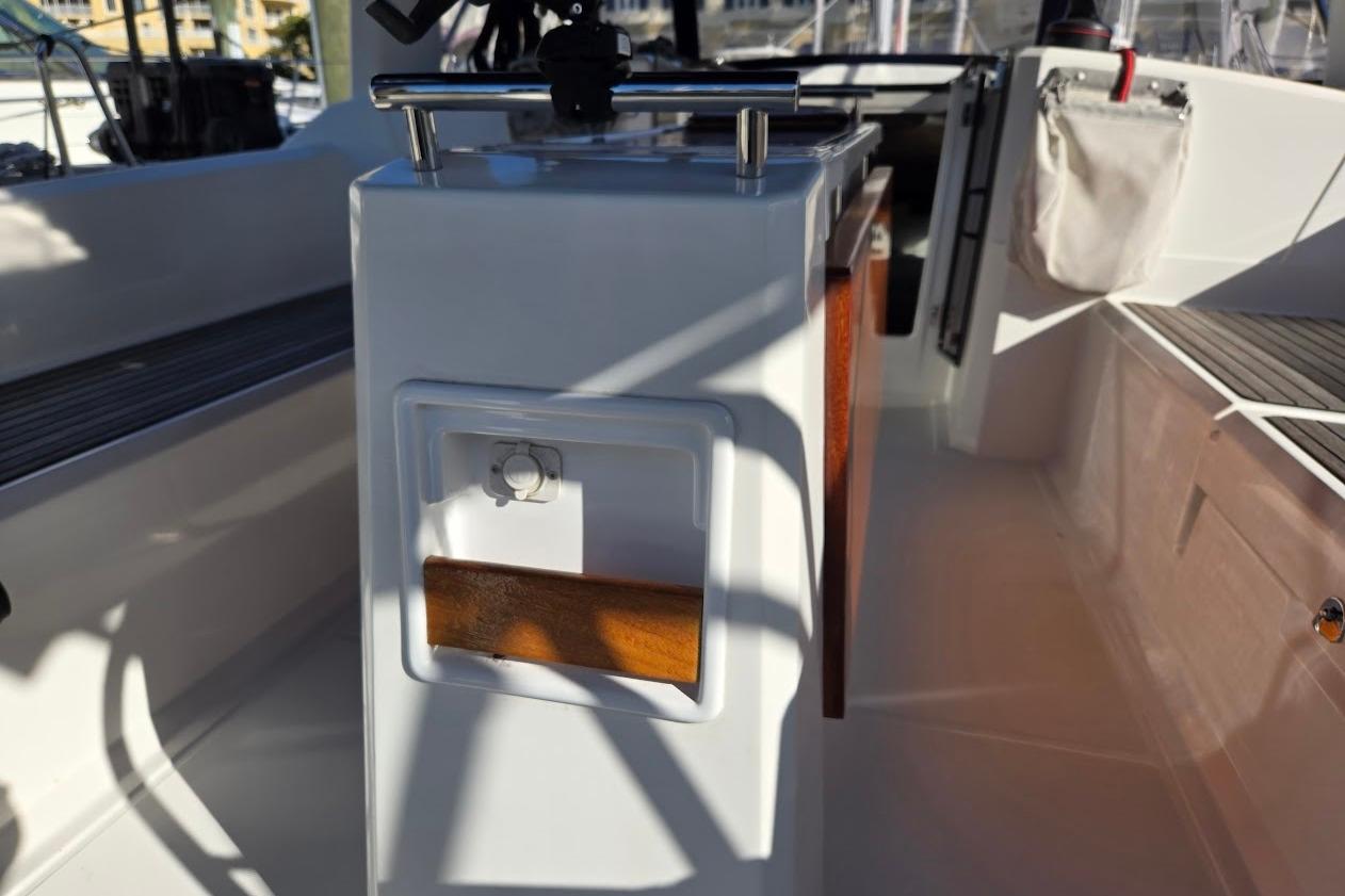 2023 Beneteau Oceanis 38.1 yacht cockpit with sleek design and modern features.