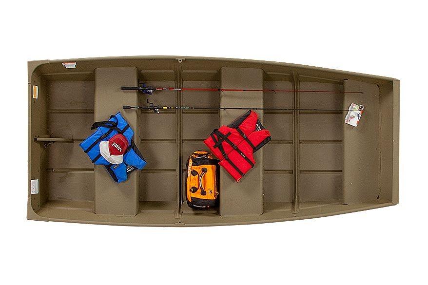 2024 Lowe L1040 Jon boat with fishing gear and life jackets inside.