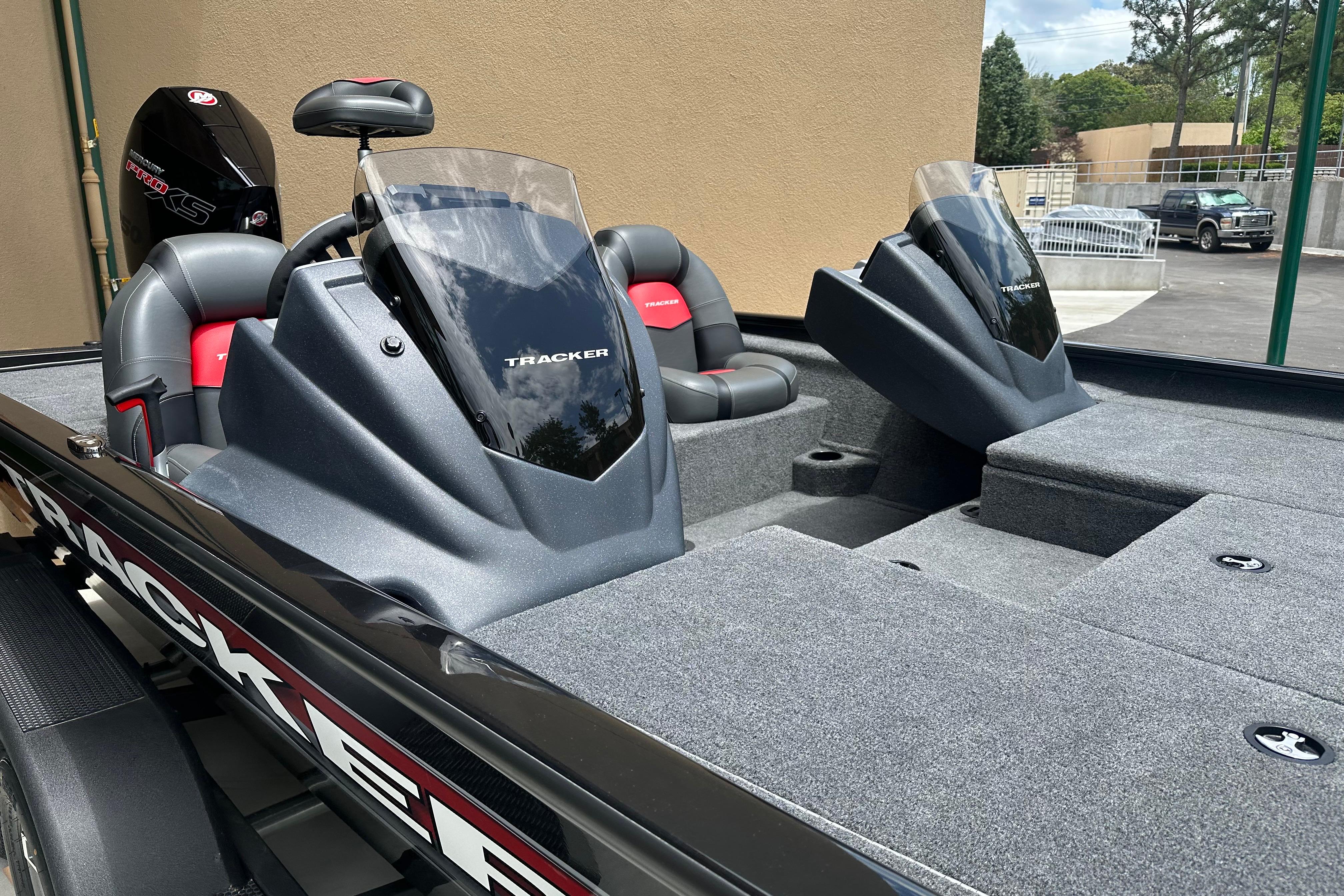 2025 Tracker Savage 215 boat interior with dual consoles and seating.