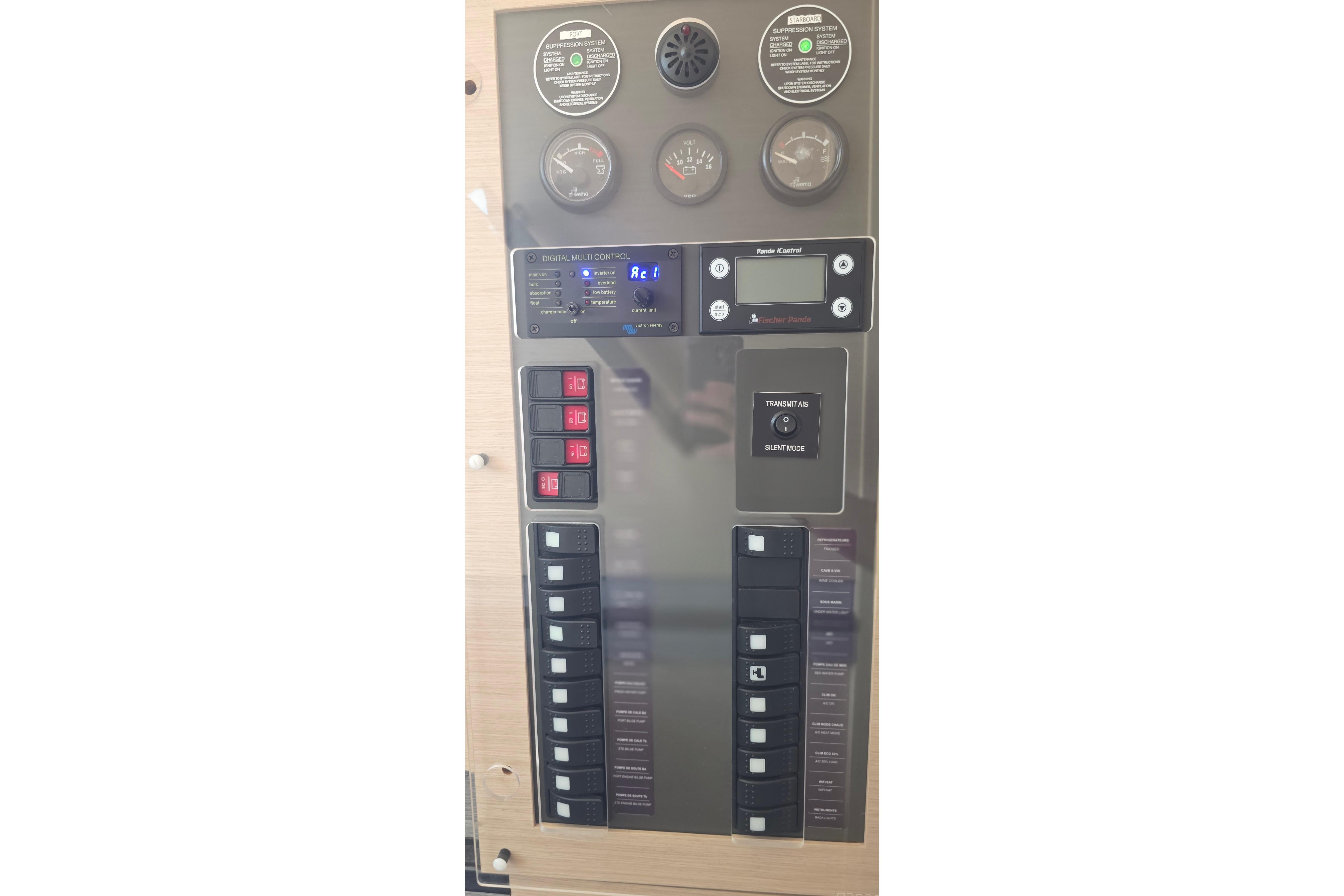 Control panel of 2018 Fountaine Pajot Motor Yacht 44, featuring gauges and switches.