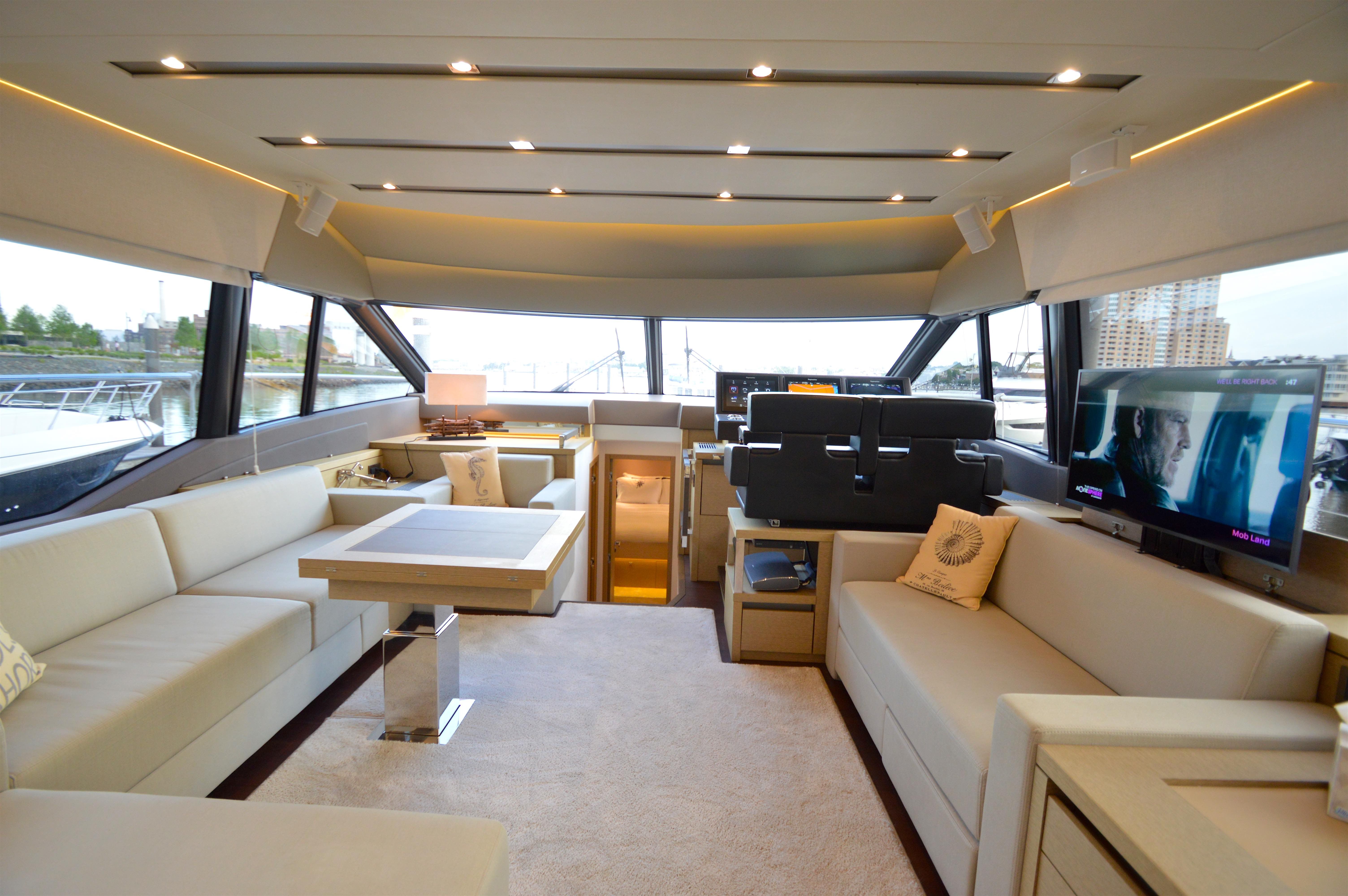 Luxurious interior of a 2017 Prestige 630 yacht.