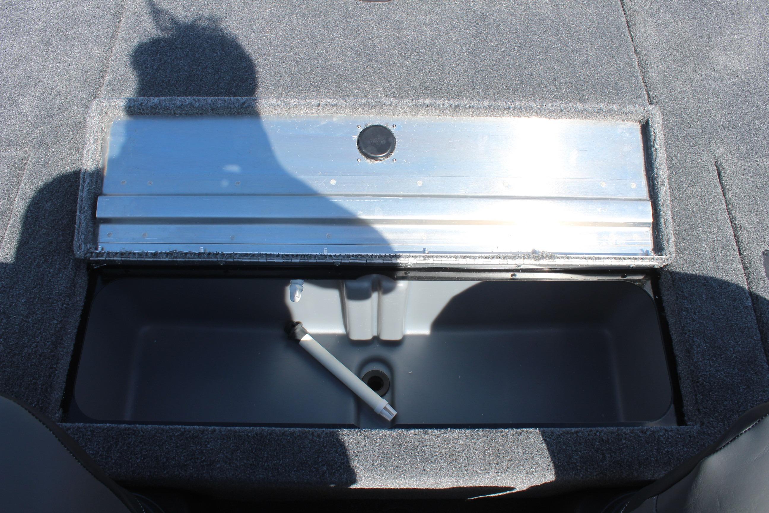 Open storage compartment in 2026 Tracker Pro Team 175 Crappie Edition boat.