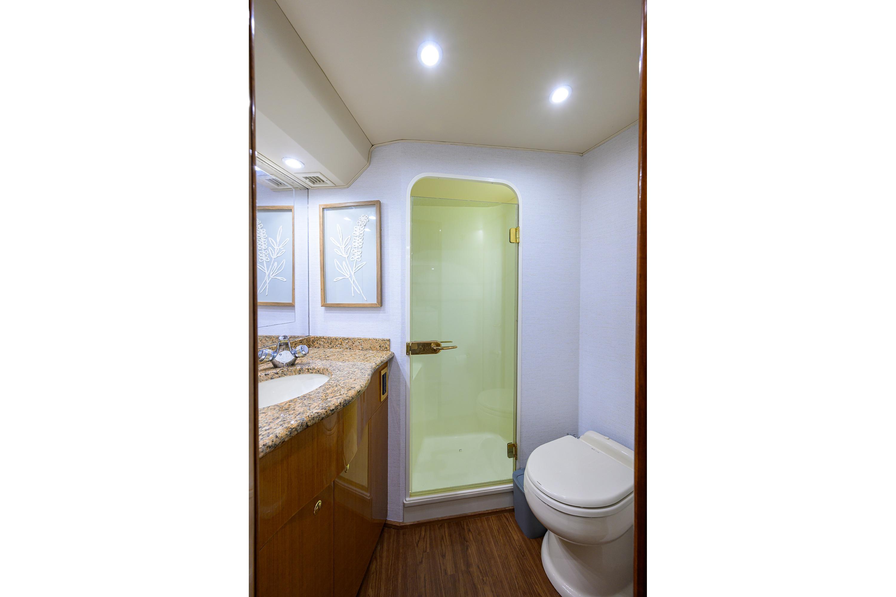 Luxurious bathroom in 2004 Viking 56 Convertible yacht with shower, toilet, and granite countertop.