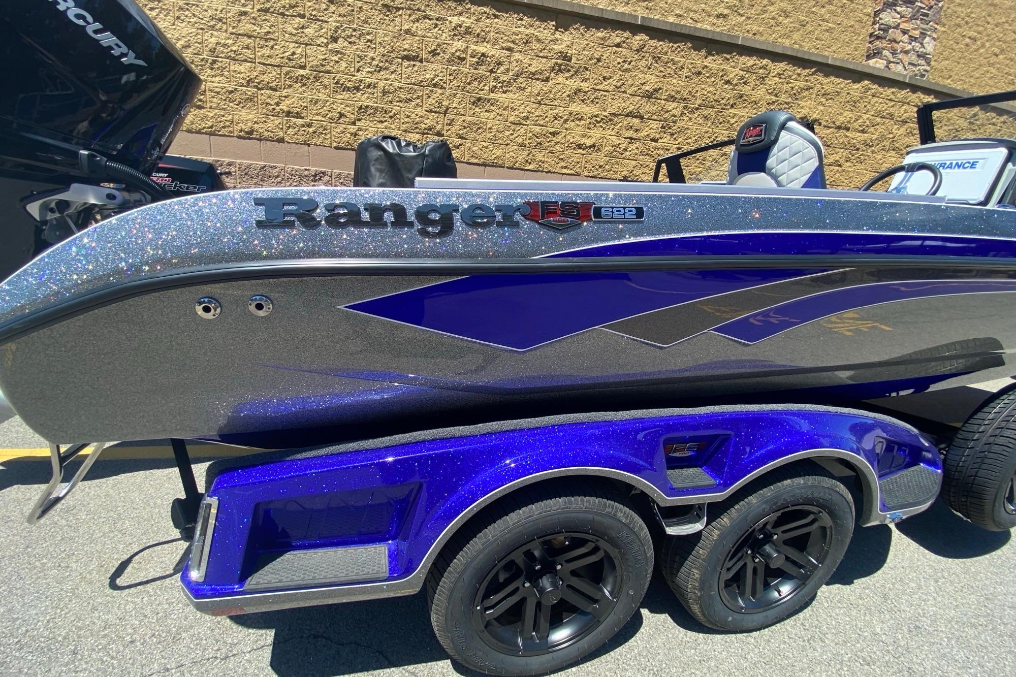 2026 Ranger 622FS Pro boat with sparkling blue and silver finish on a trailer.