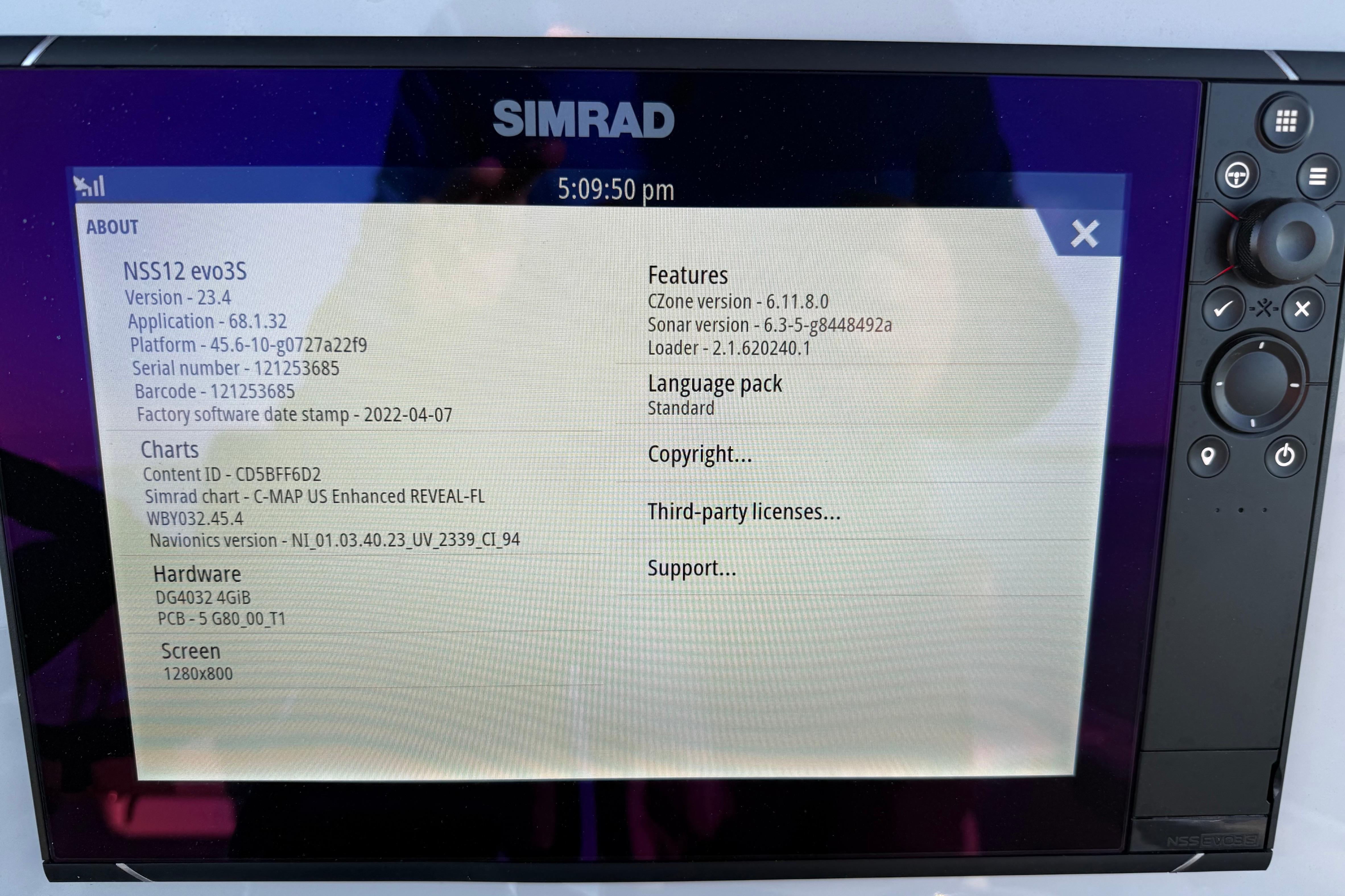 Simrad NSS12 evo3S display on 2025 Caymas 281 HB boat, showing system information.