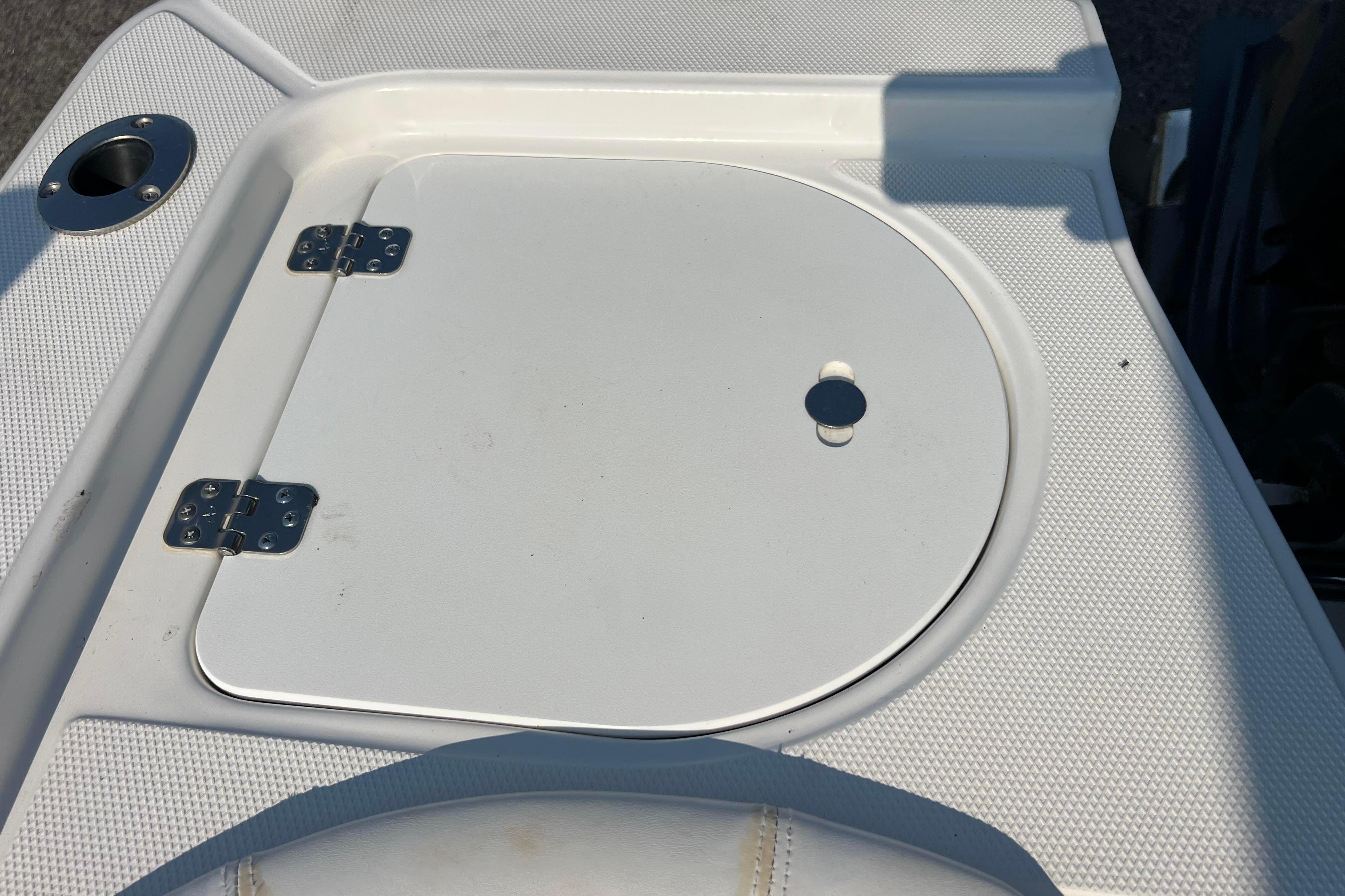 2012 Sea Fox 206 Center Console boat hatch with stainless steel hinges.