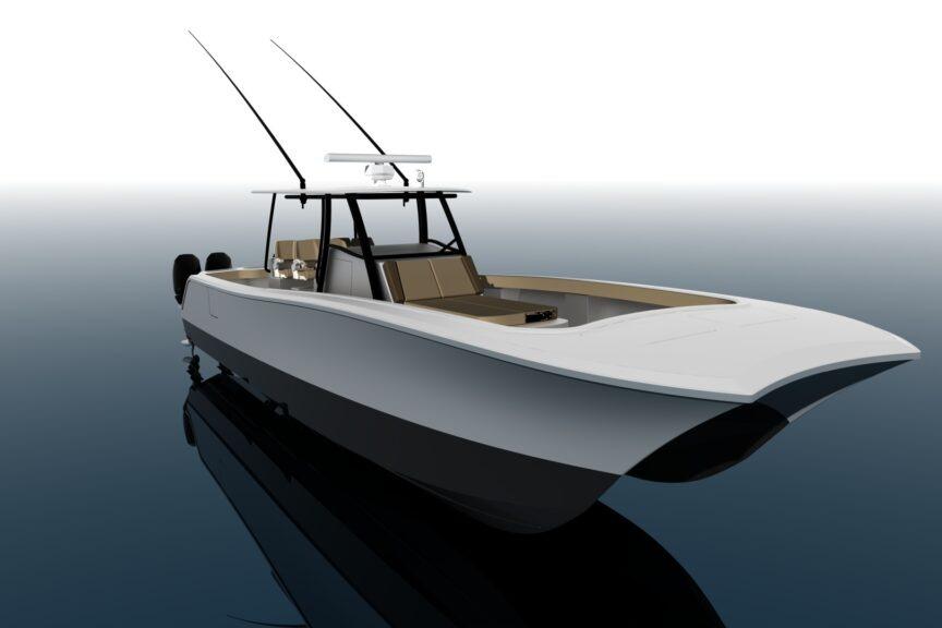 2026 Front Runner 43 Catamaran on calm water, sleek design, fishing rods visible.
