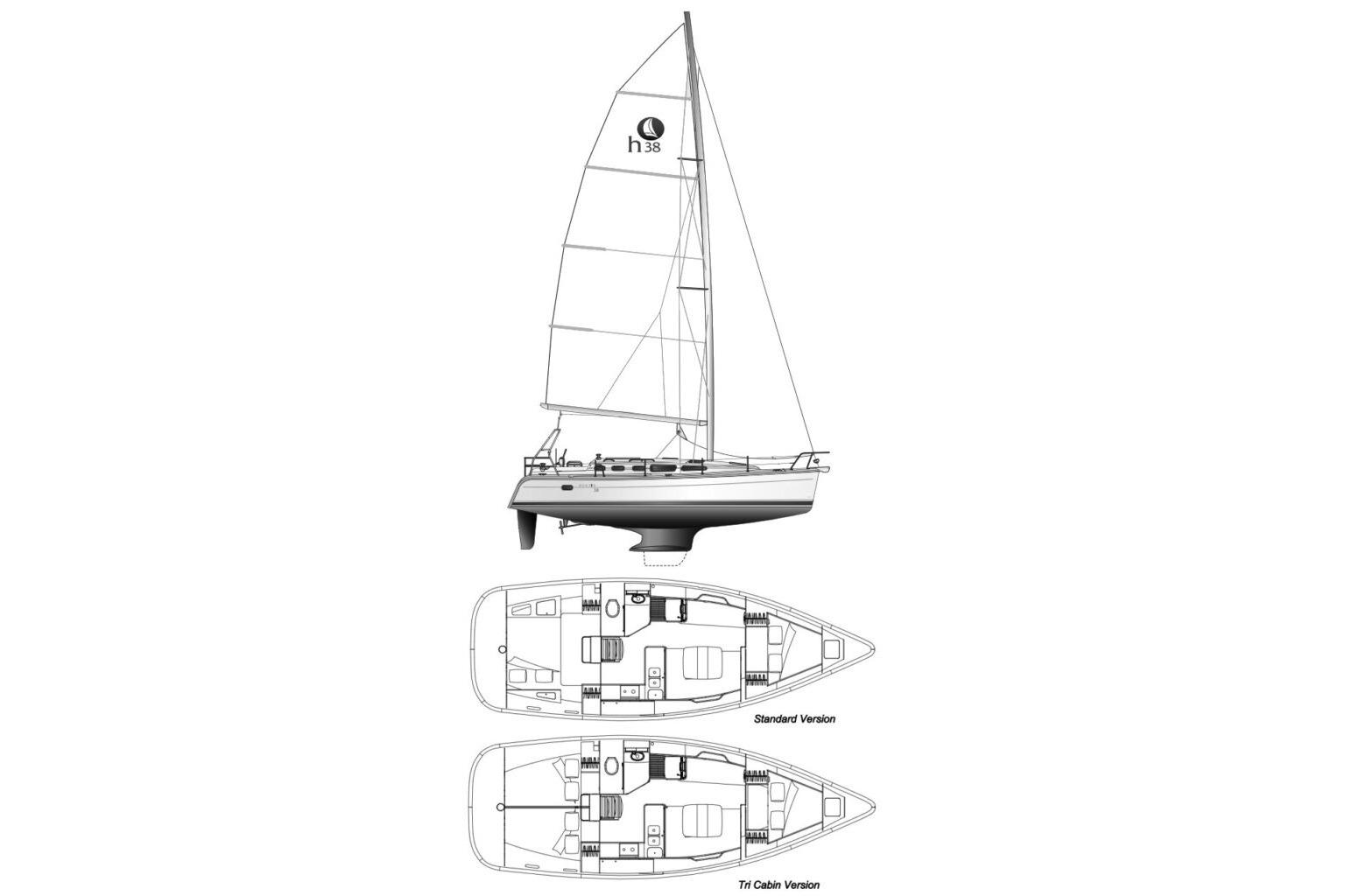 Diagram of a 2005 Hunter 38 sailboat with standard and tri-cabin layouts.