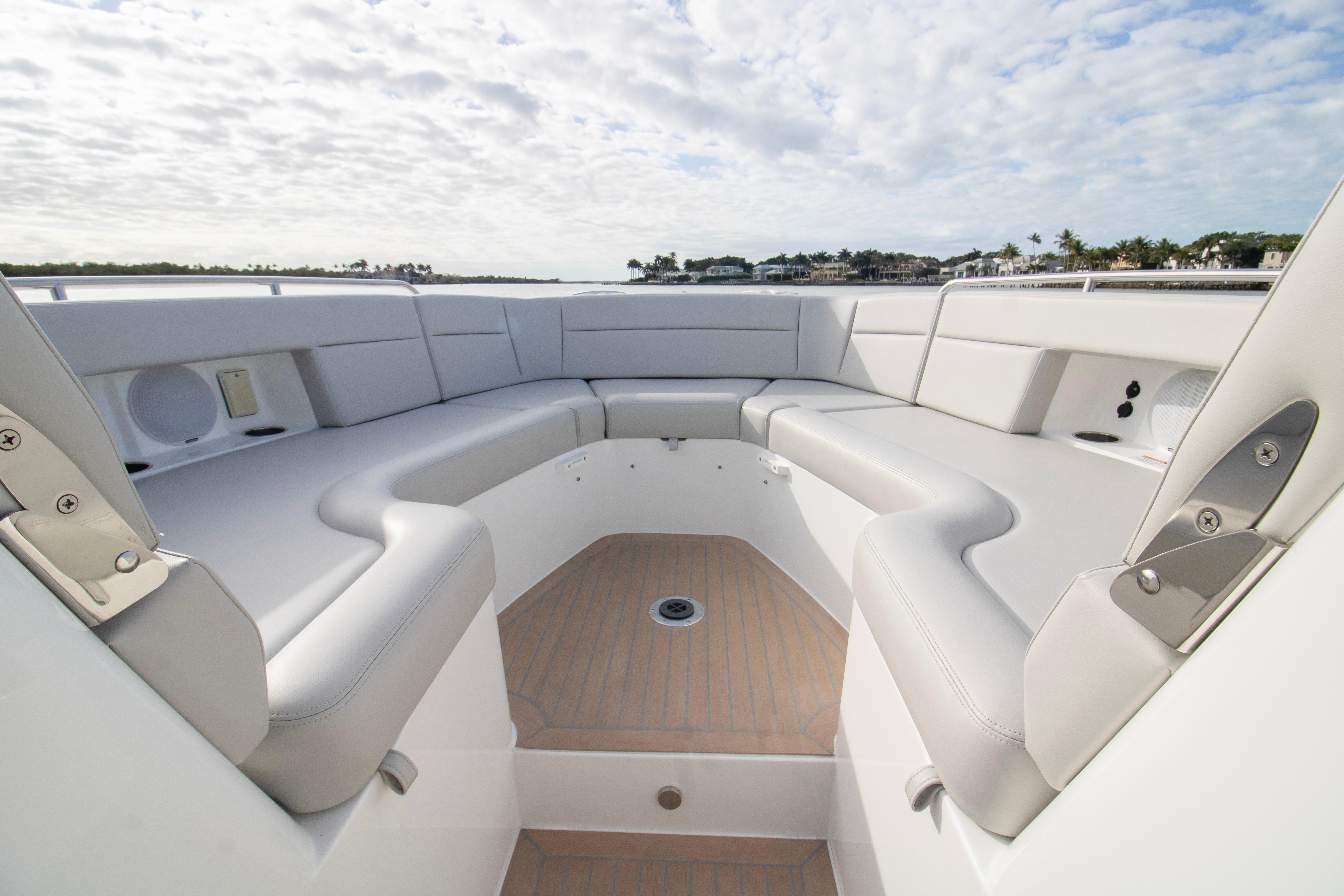 2025 MJM 38 X boat interior with spacious seating and elegant design.