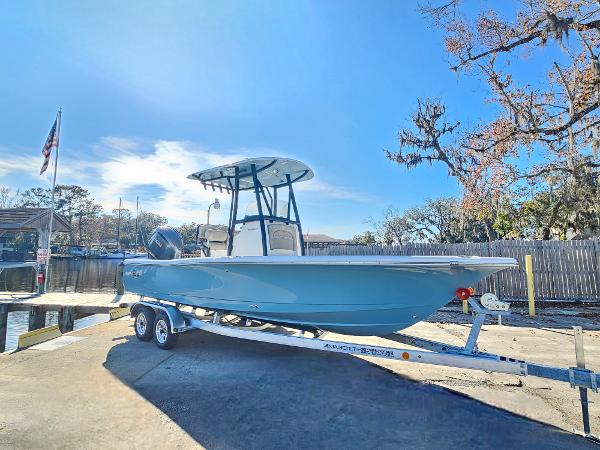 2026 Sea Hunt BX 22 BR boat on trailer, parked outdoors under clear sky.