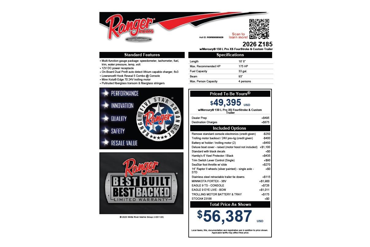2026 Ranger Z185 boat specifications and pricing details with features and warranty information.