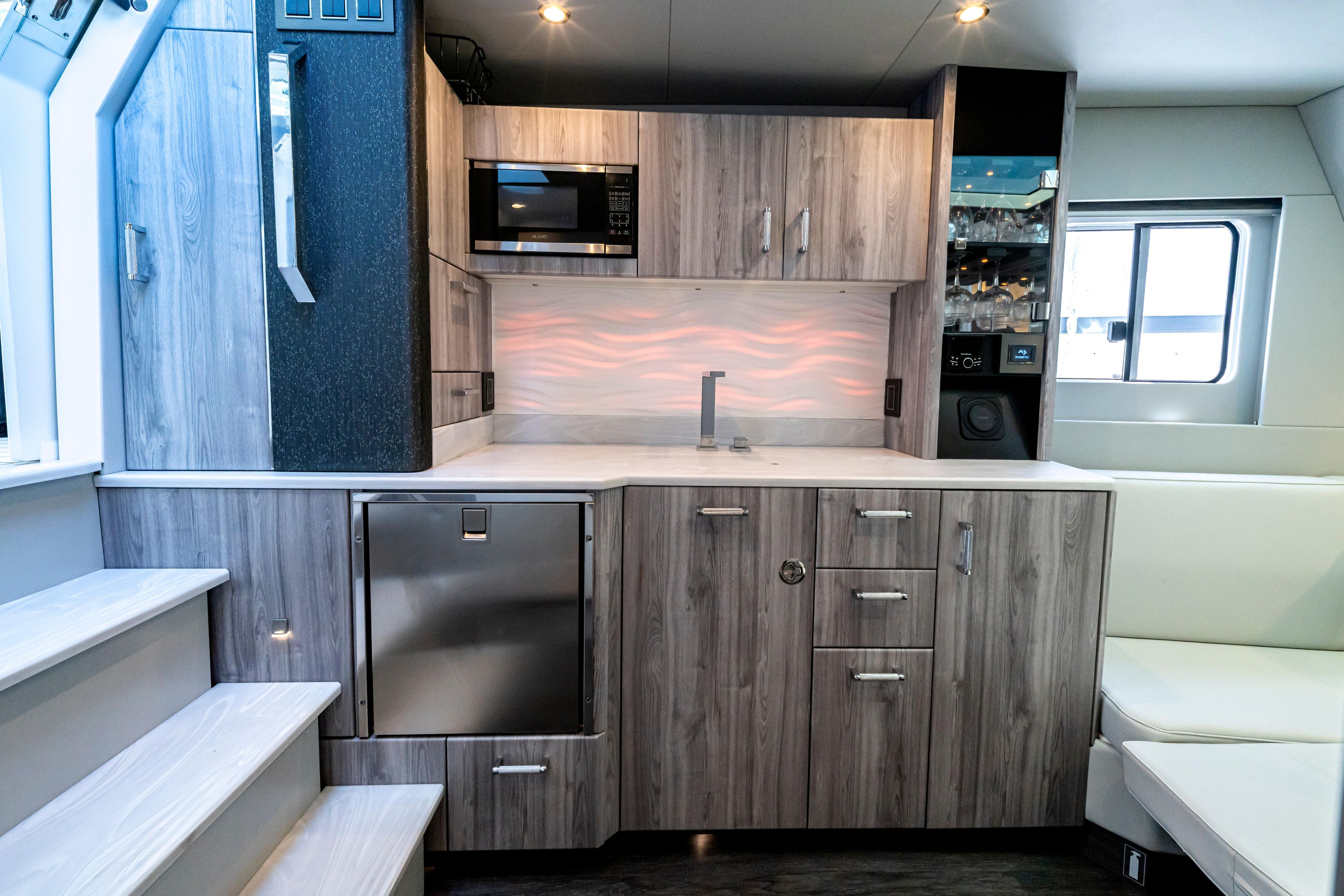 Modern kitchen interior in 2022 Formula 500 Super Sport Crossover boat.