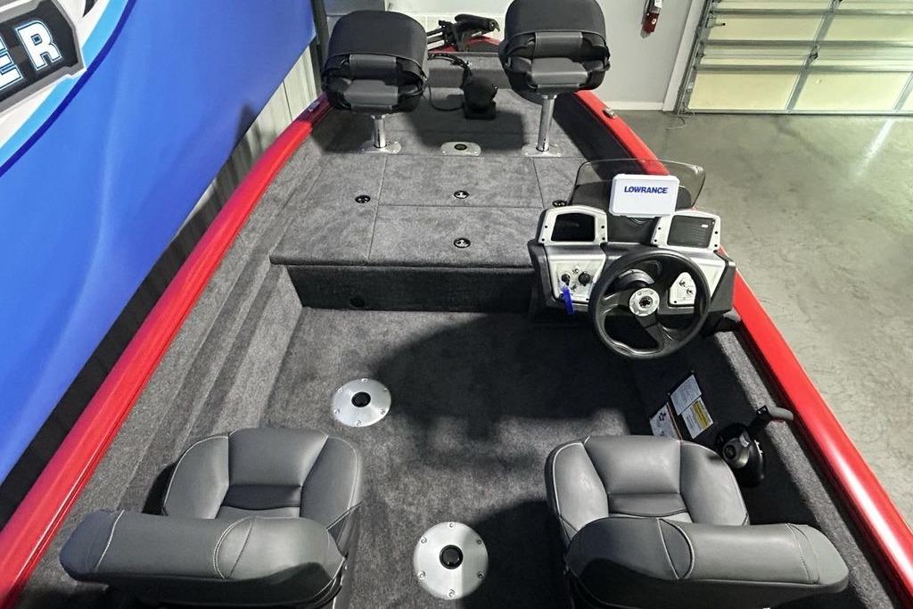 2026 Tracker Pro Team 175 Crappie Edition boat interior with steering console and seating.