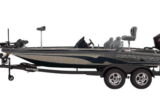 2026 Nitro Z19 XL fishing boat on trailer, side view, sleek design, dual seats.