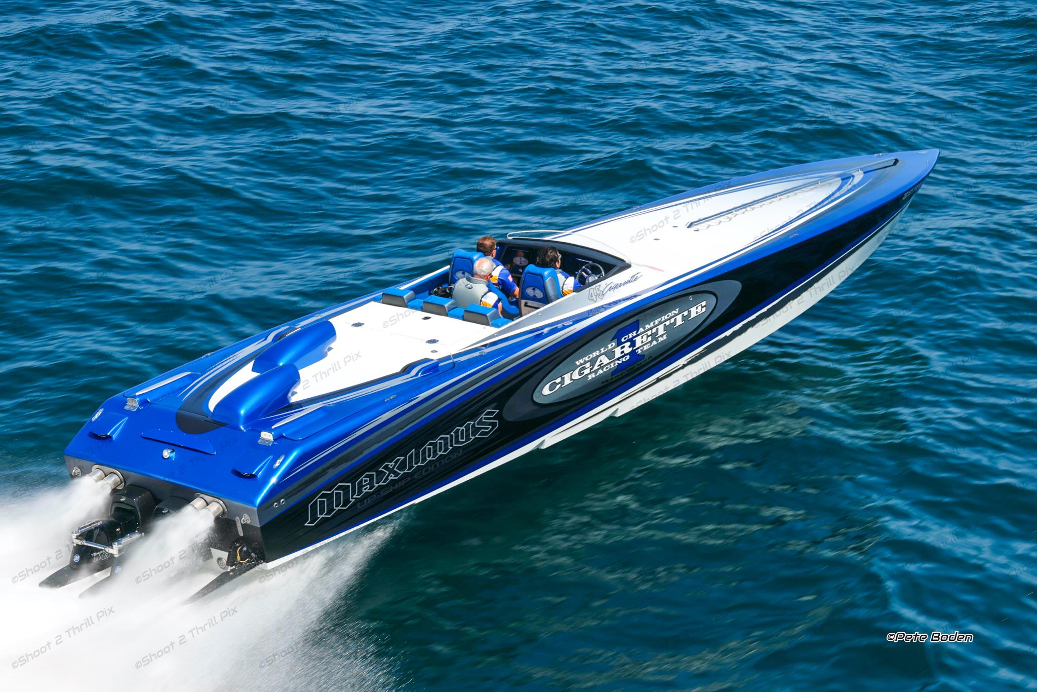 2005 Cigarette 45 Maximus speedboat cruising on open water.