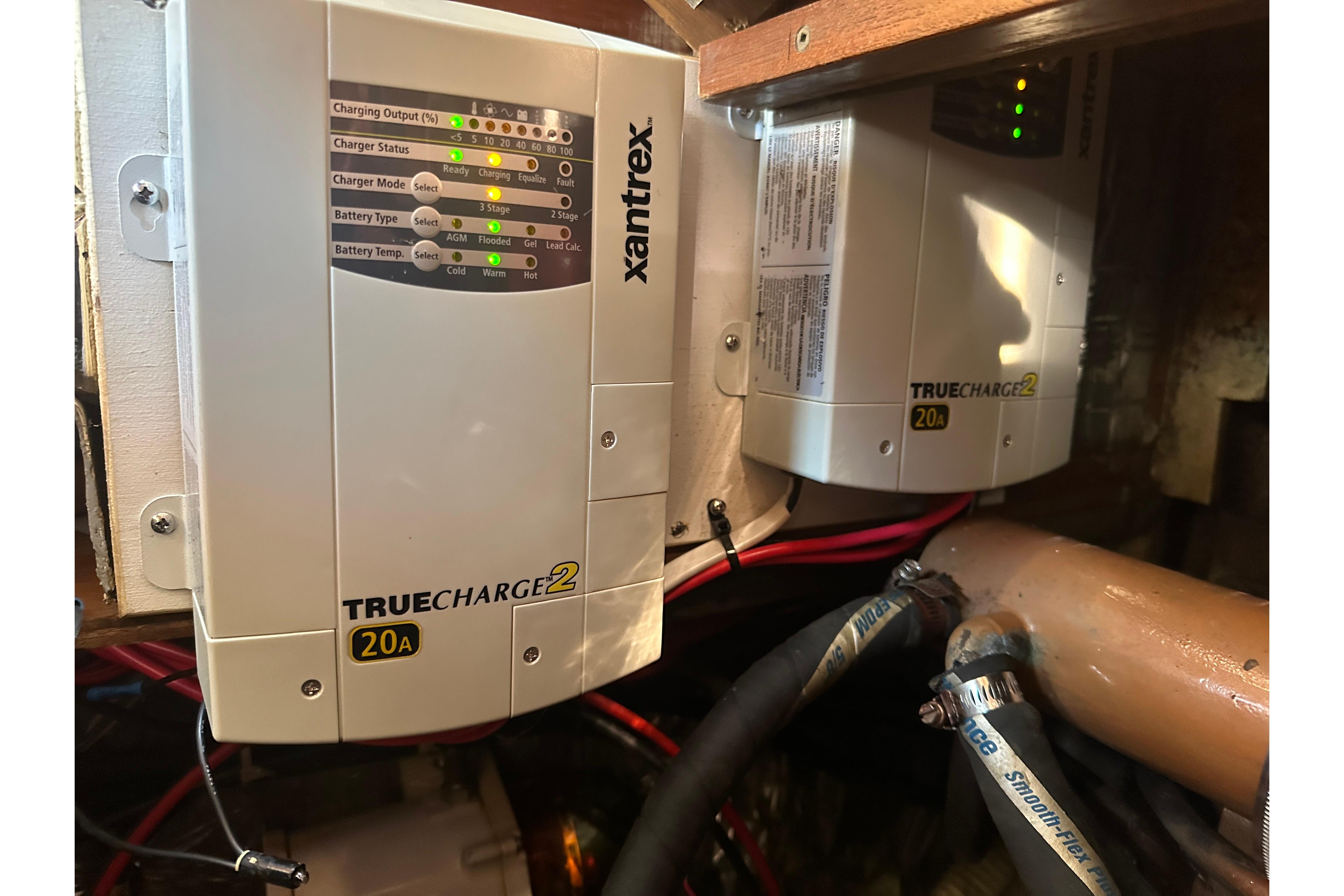 Xantrex TrueCharge2 20A battery chargers in 1989 Nonsuch 36 sailboat engine room.