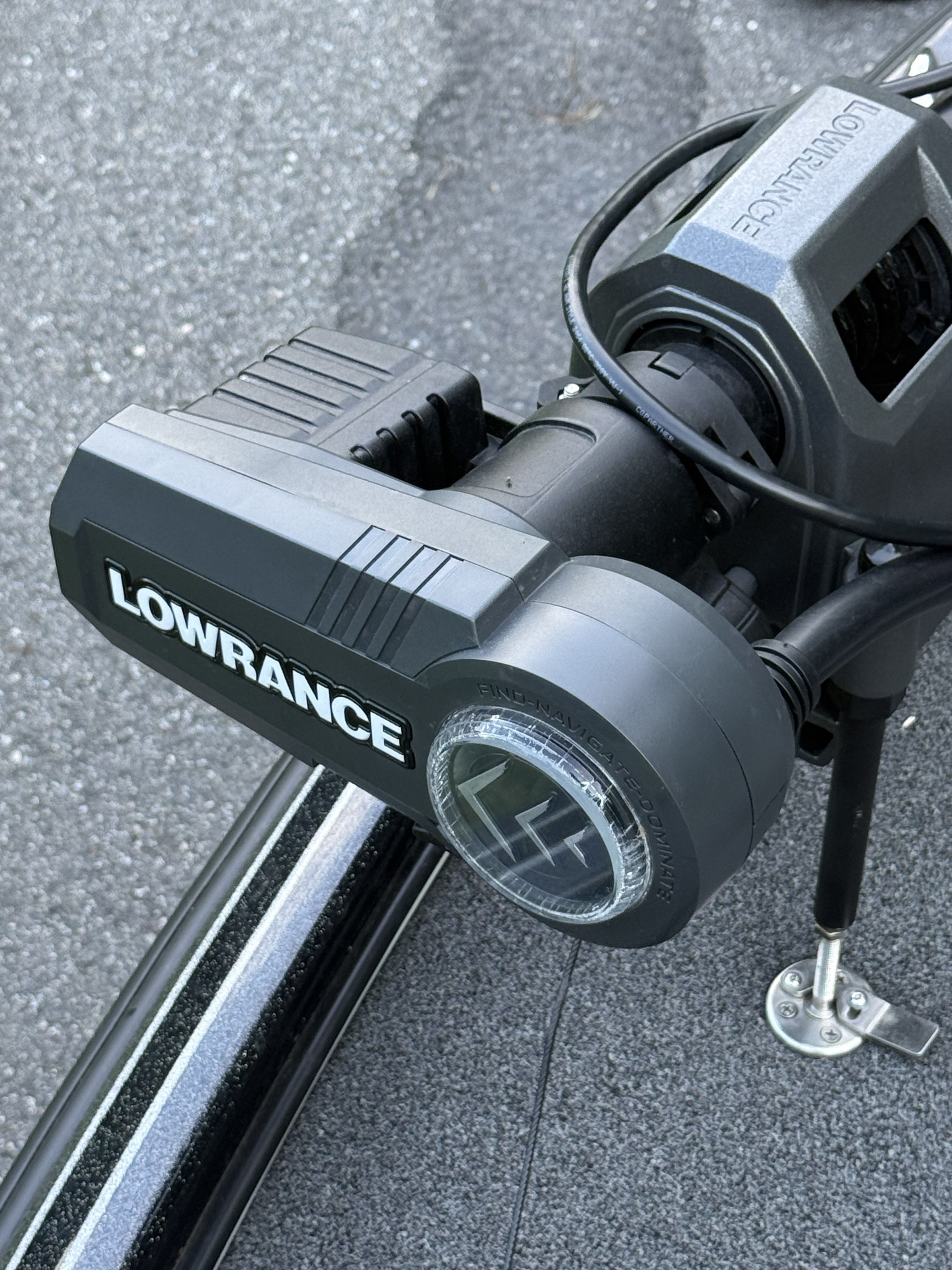 Close-up of a Lowrance device on a boat.