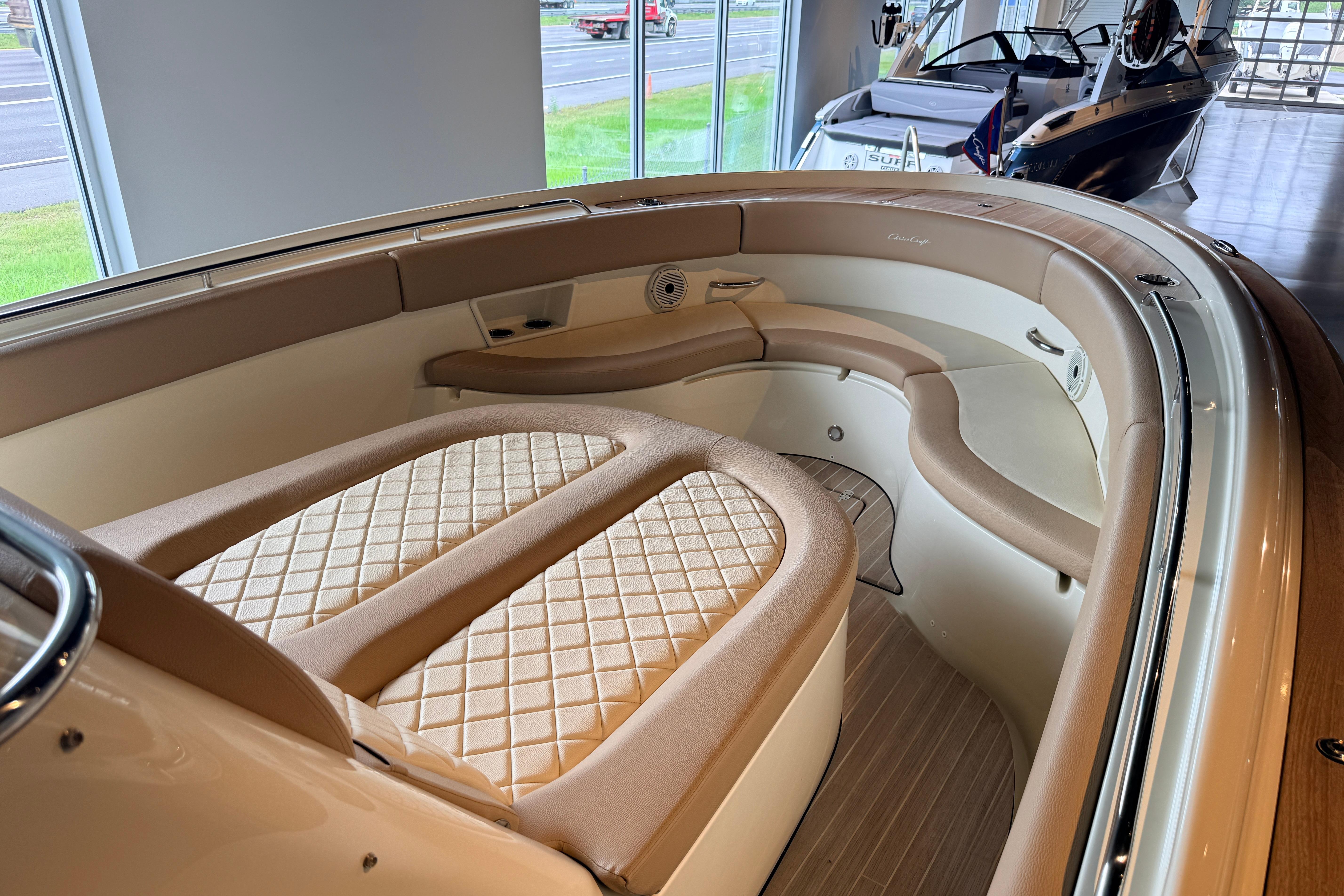 2024 Chris-Craft Catalina 30 interior with luxurious seating and elegant design.