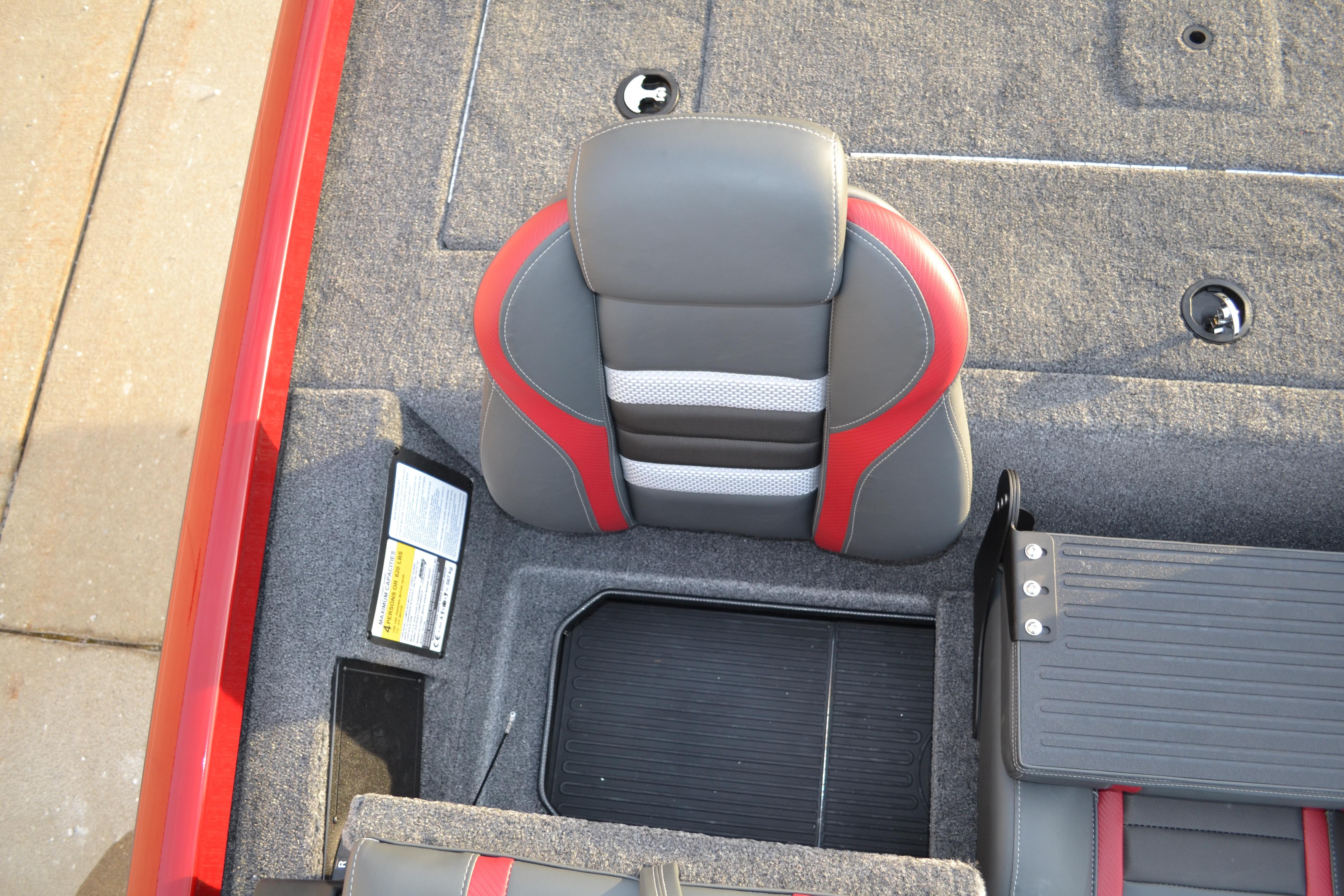 2026 Ranger RT188 boat seat with gray and red upholstery, top view.
