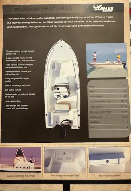 Brochure of the 2006 Mako 171 Center Console boat.