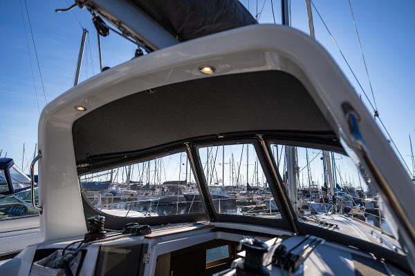 Interior view of Beneteau Oceanis 38.1 yacht in harbor, 2021 model.
