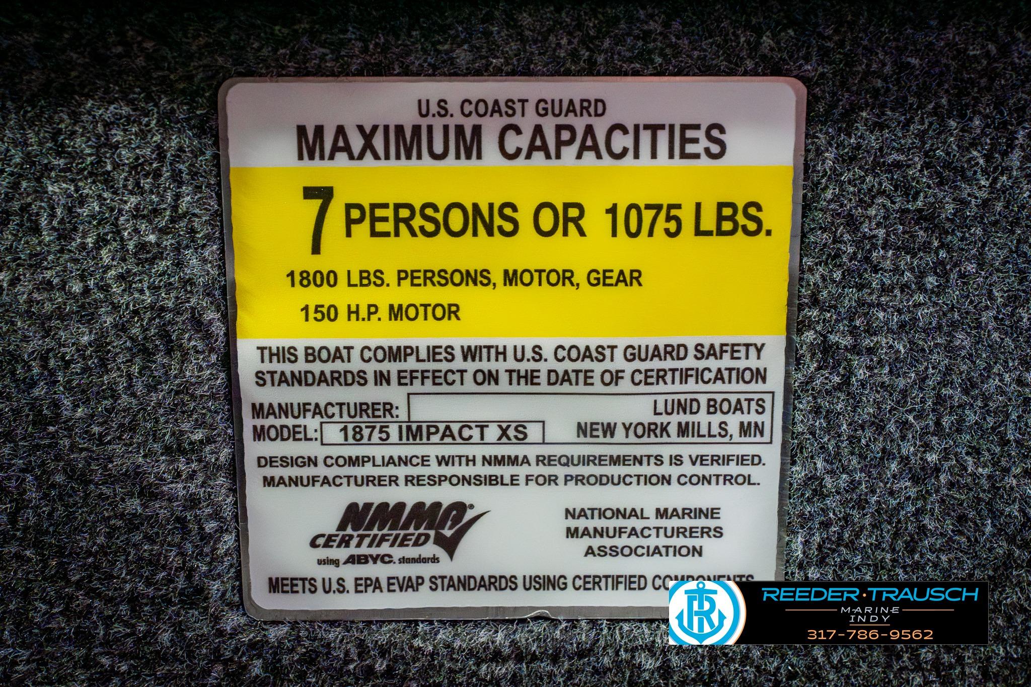 2026 Lund 1875 Impact XS boat capacity label, 7 persons or 1075 lbs, 150 HP motor.