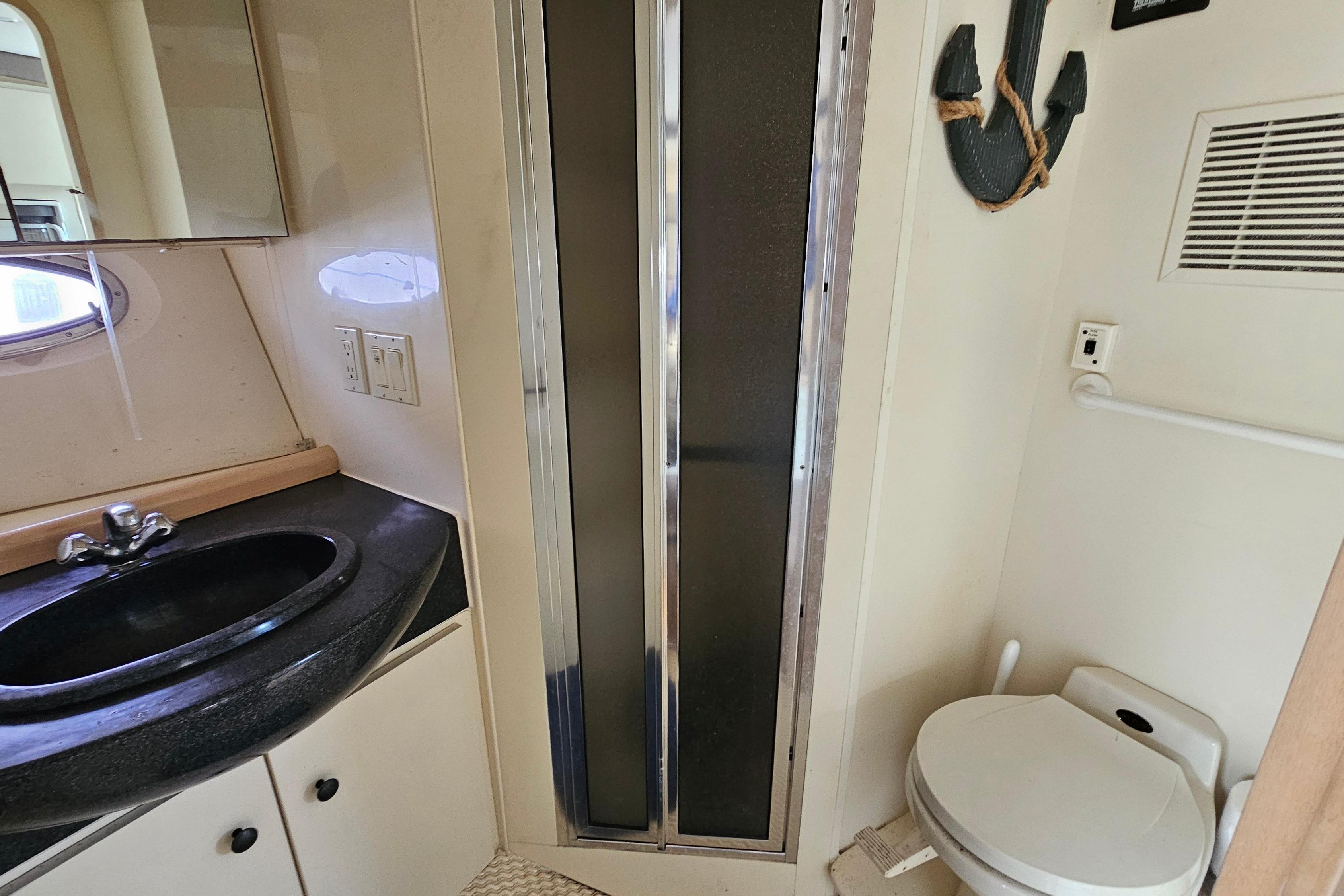 Bathroom interior of 1999 Carver 350 Mariner yacht with sink, shower, and toilet.