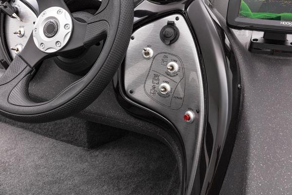 Close-up of the control area of a Tracker Pro Team 175 TXW boat.
