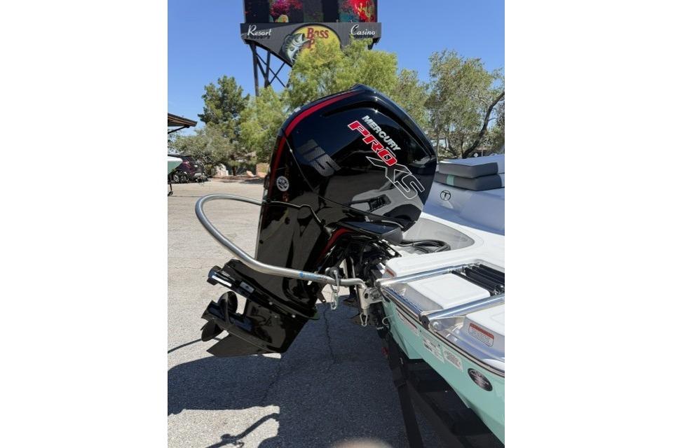 2026 Tahoe T18 boat with Mercury Pro XS outboard motor in sunny outdoor setting.