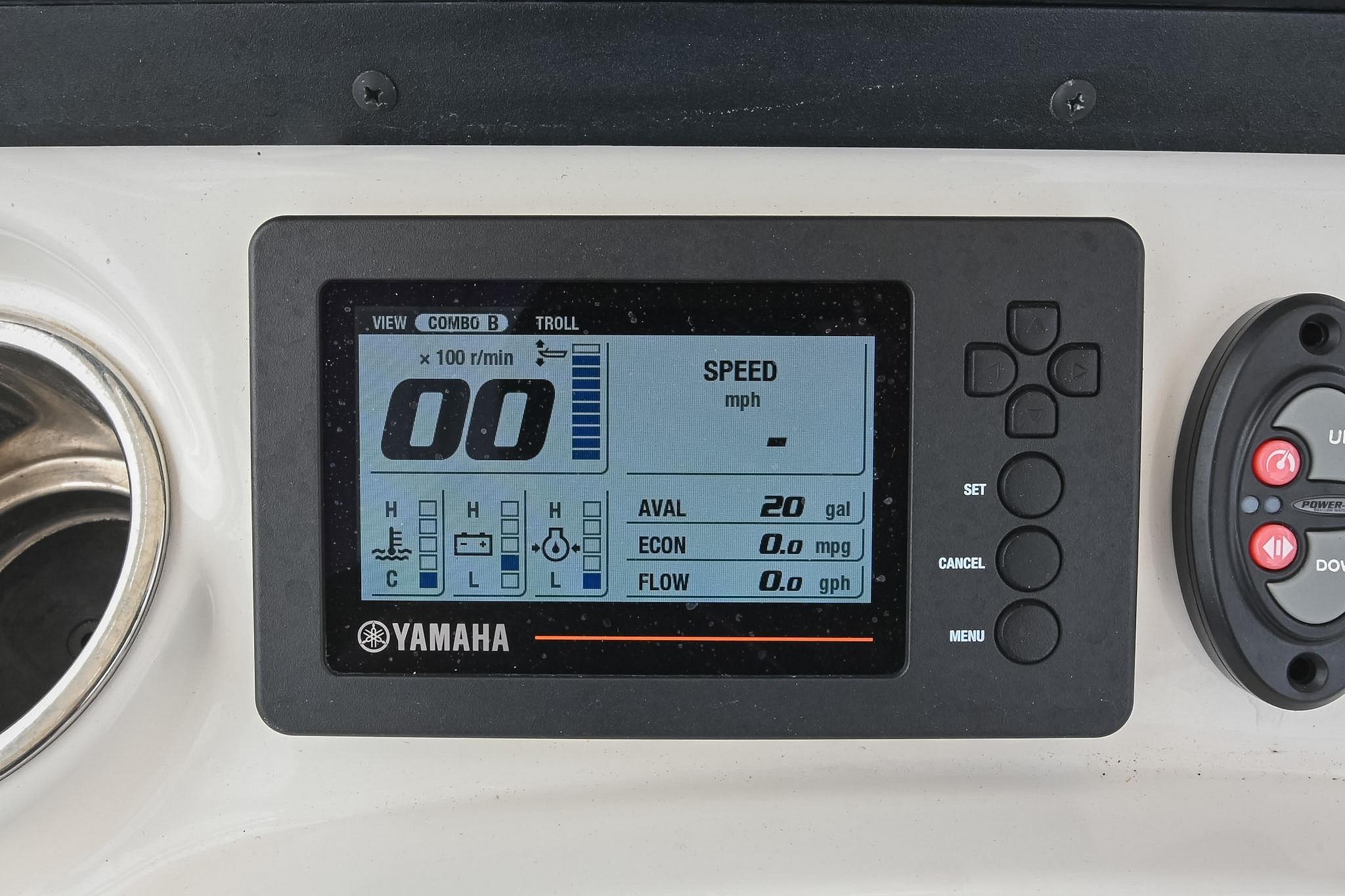 Yamaha digital display on 2021 Pathfinder 2200 TRS boat dashboard showing speed and fuel data.