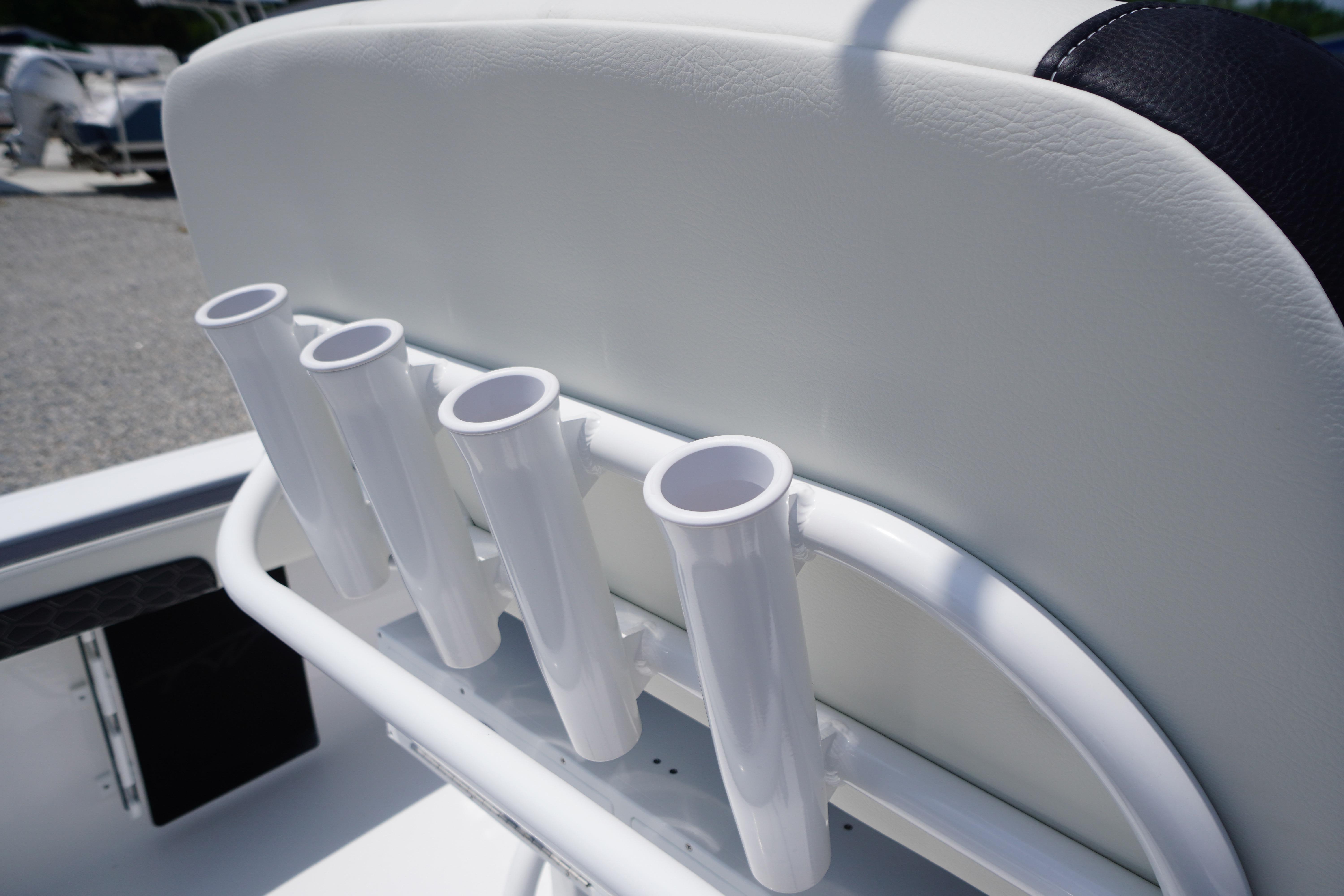 Rod holders on a 2027 Tidewater 220 CC Adventure boat, showcasing sleek design.