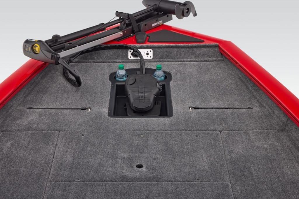 2026 Tracker Pro Team 190 boat deck with trolling motor and storage compartments.