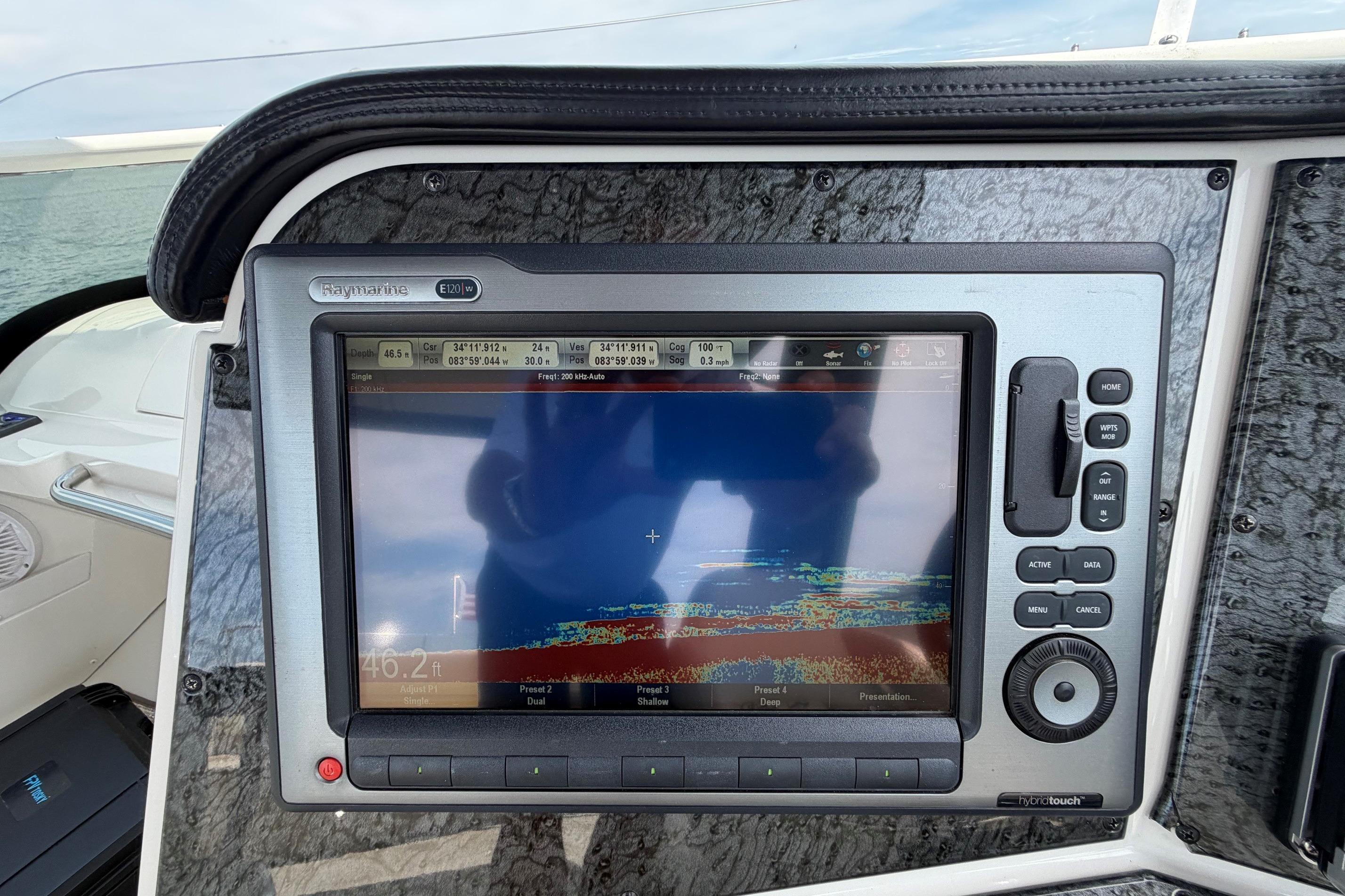 Navigation system on 2011 Carver 44 Sojourn yacht, displaying marine radar data.