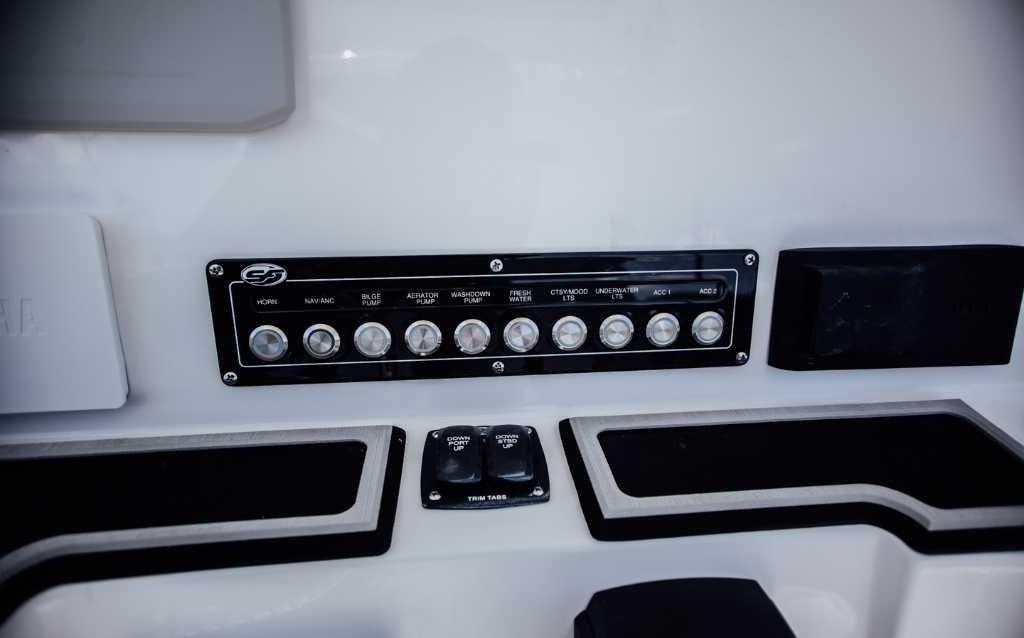 Control panel of a 2021 Sea Fox 248 Commander boat with labeled switches.